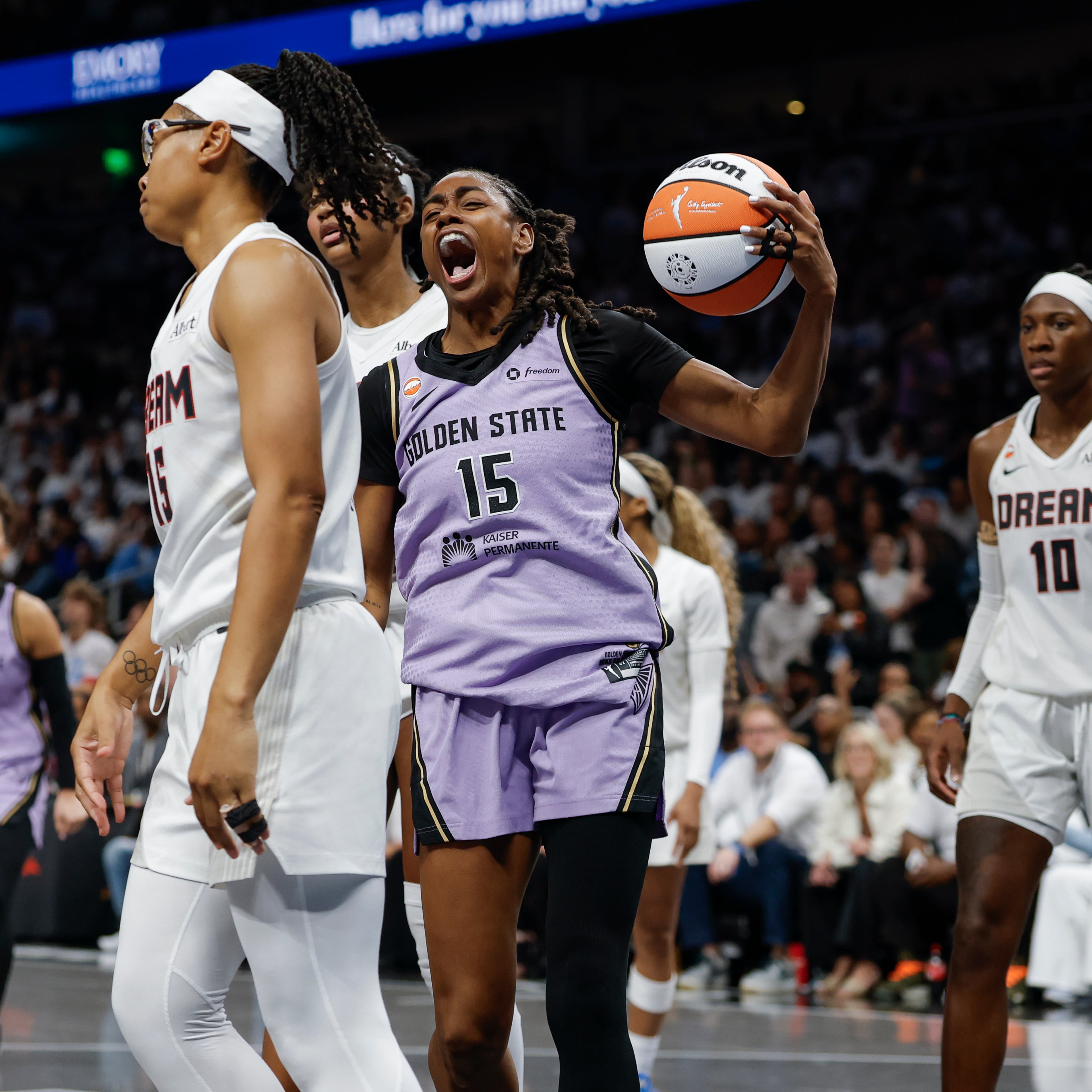 Golden State Valkyries guard Tiffany Hayes (15) reacts after scoring against the Atlanta Dream during the second half in Game 4 of the WNBA basketball finals against the Atlanta Dream, Saturday, Oct. 24, 2026, in Atlanta. (Carlos Avila Gonzalez/San Francisco Chronicle via AP)