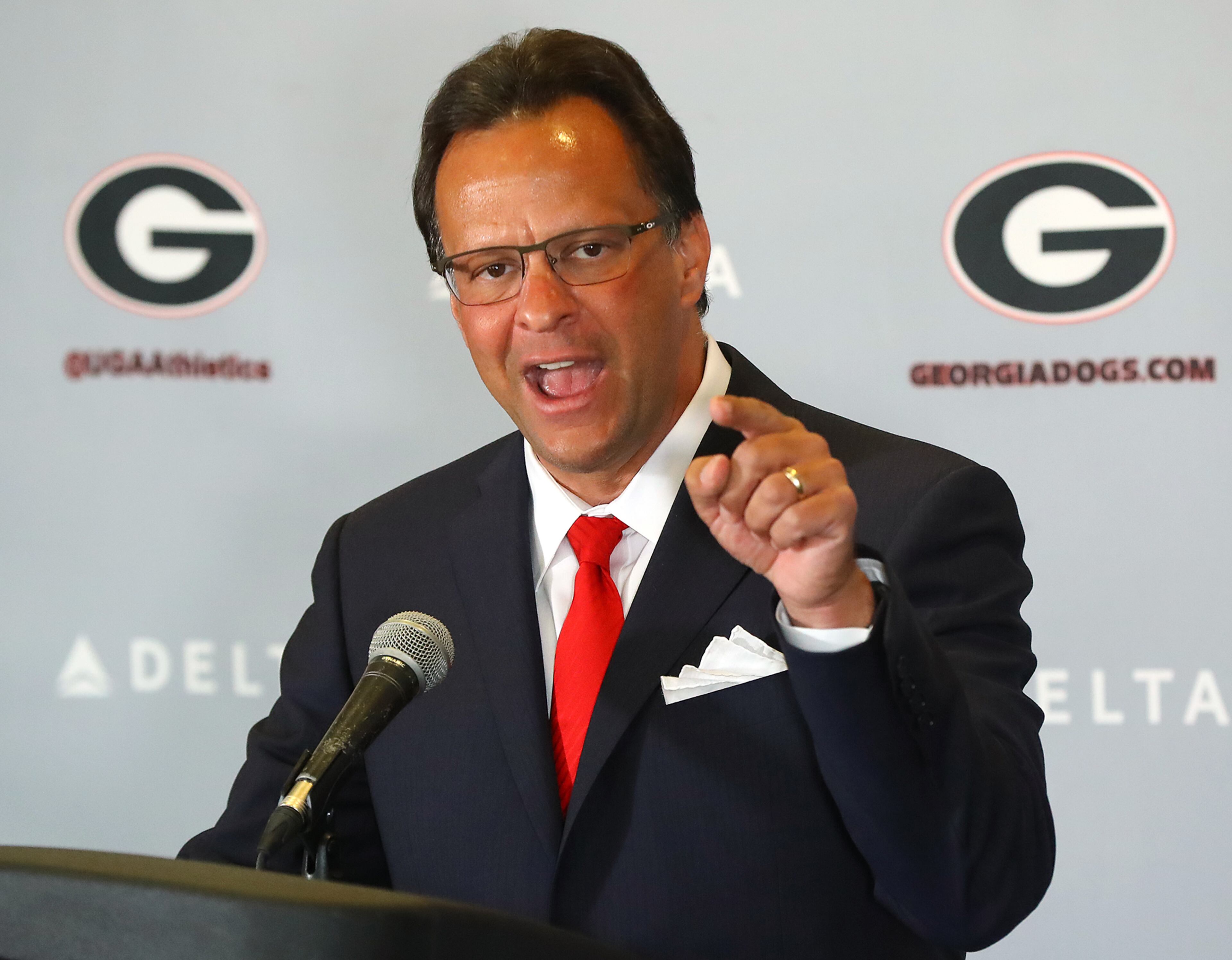 March 16, 2018 Athens: Tom Crean makes a passionate opening statement as he is introduced as the new men's basketball head coach at the University of Georgia on Friday, March 16, 2018, at Stegeman Coliseum in Athens. Crean compiled a 356-231 record in 18 seasons at Marquette and Indiana from 1999-2017. Curtis Compton/ccompton@ajc.com