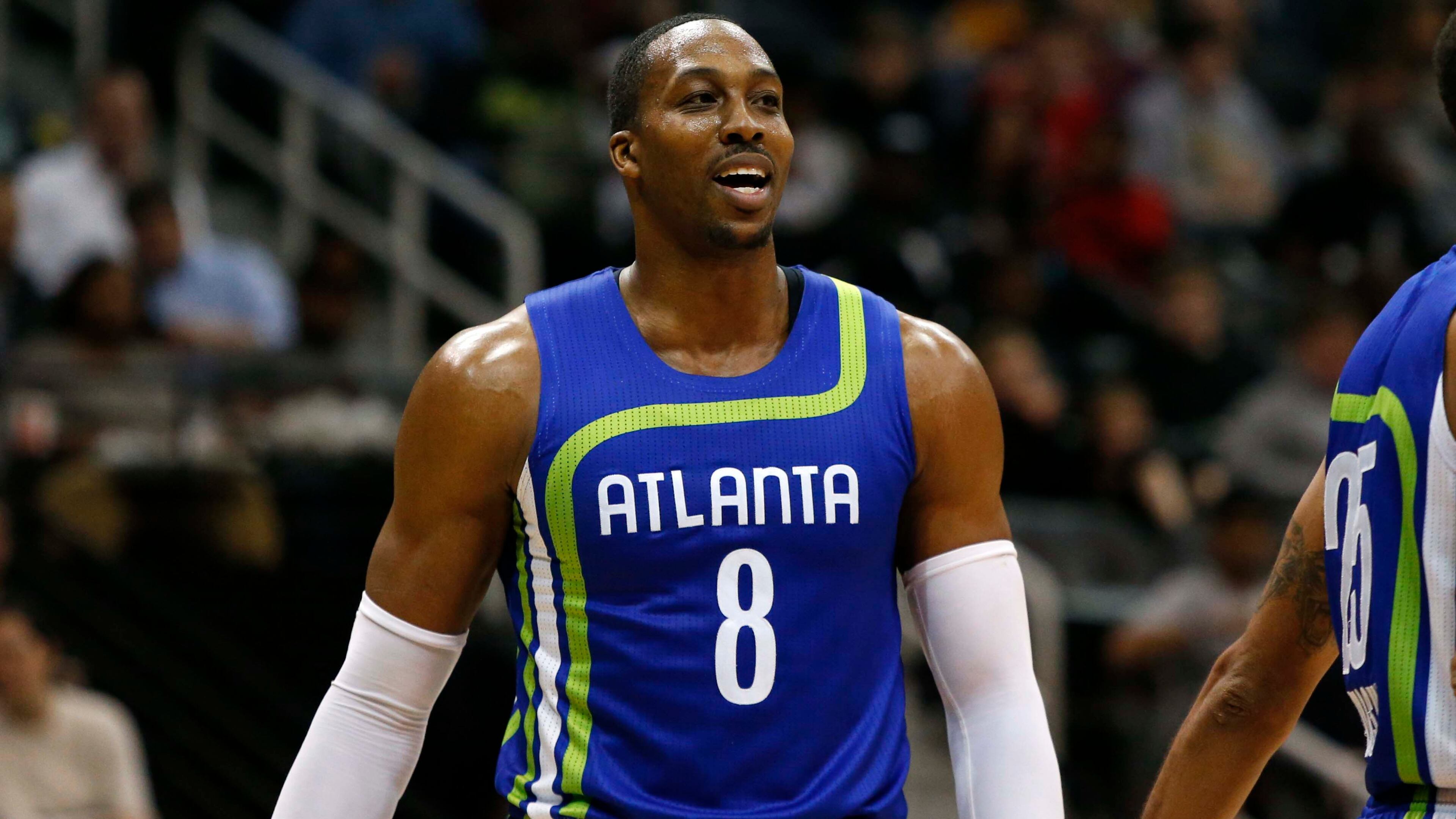 Atlanta Hawks center Dwight Howard (8) in action against the Cleveland Cavaliers in the second half of an NBA basketball game, Friday, March 3, 2017, in Atlanta.The Cavaliers won 135-130. (AP Photo/Brett Davis)