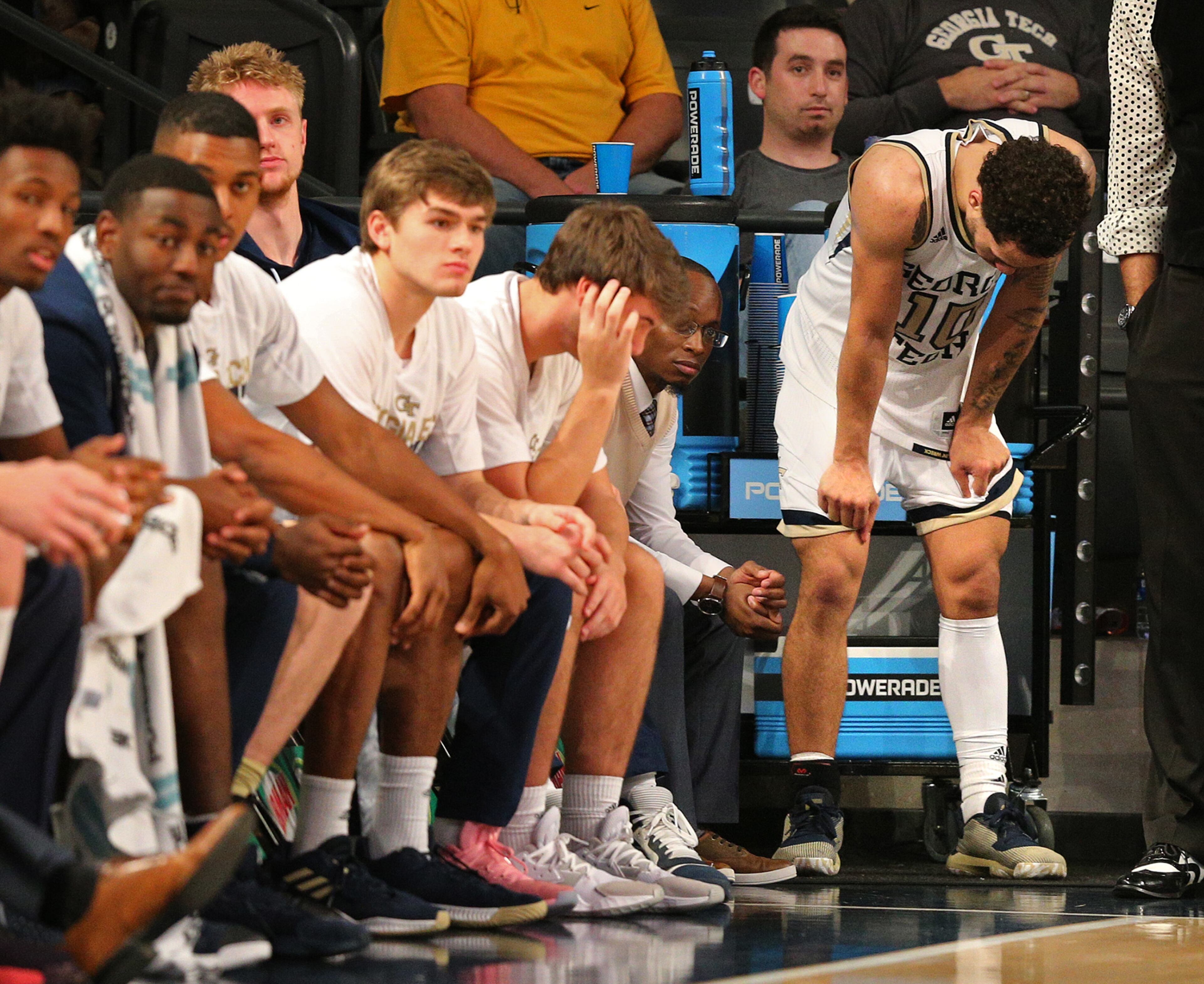 Georgia Tech guard Jose Alvarado (far right) and teammates react in the final seconds of a 78-74 loss to Notre Dame in a NCAA college basketball game on Wednesday, January 15, 2020, in Atlanta. Curtis Compton ccompton@ajc.com