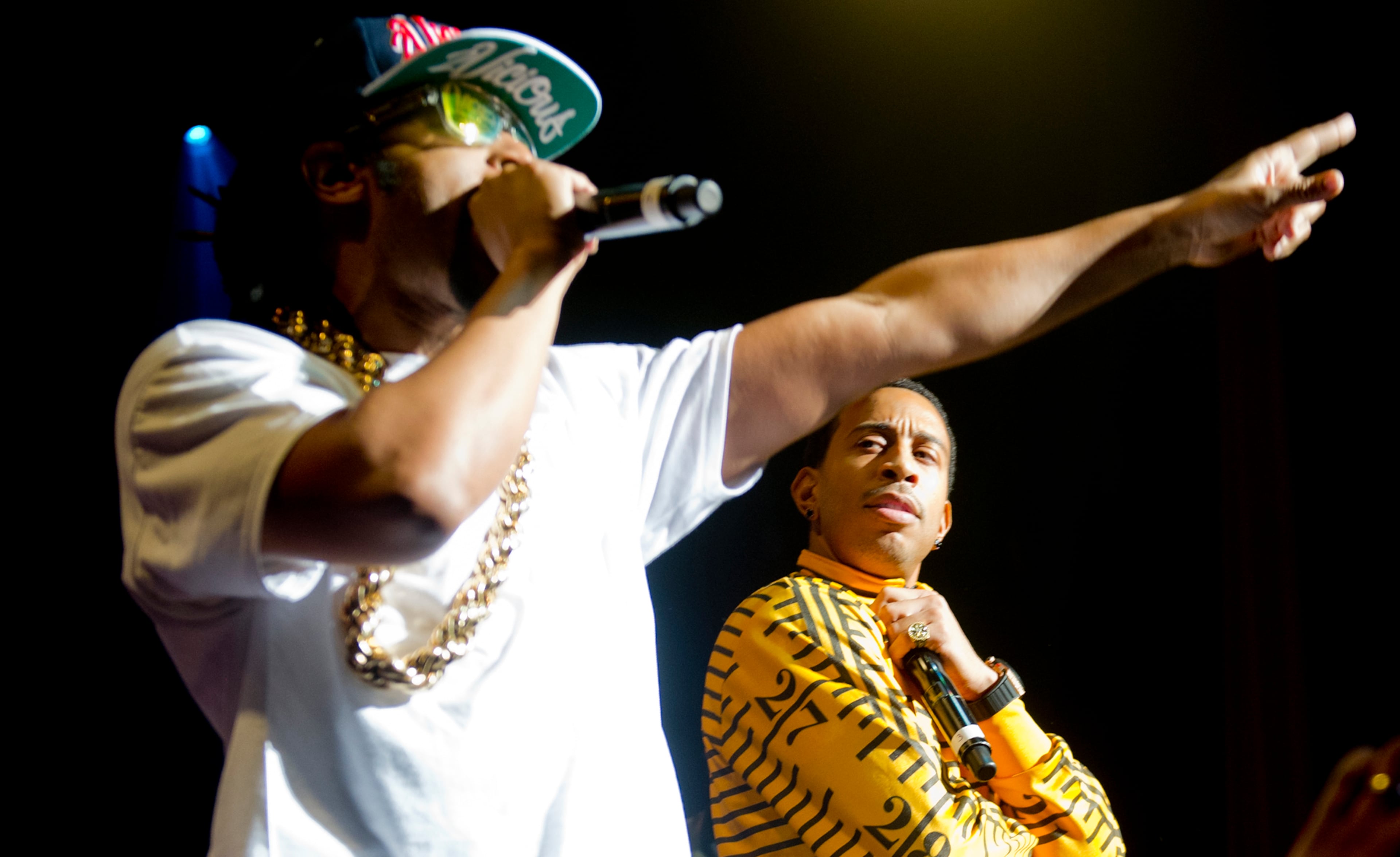 Ludacris (right) and Lil Jon perform on stage at the Fox Theatre in Atlanta during the So So Def 20th Anniversary Concert Saturday, Feb. 23, 2013.