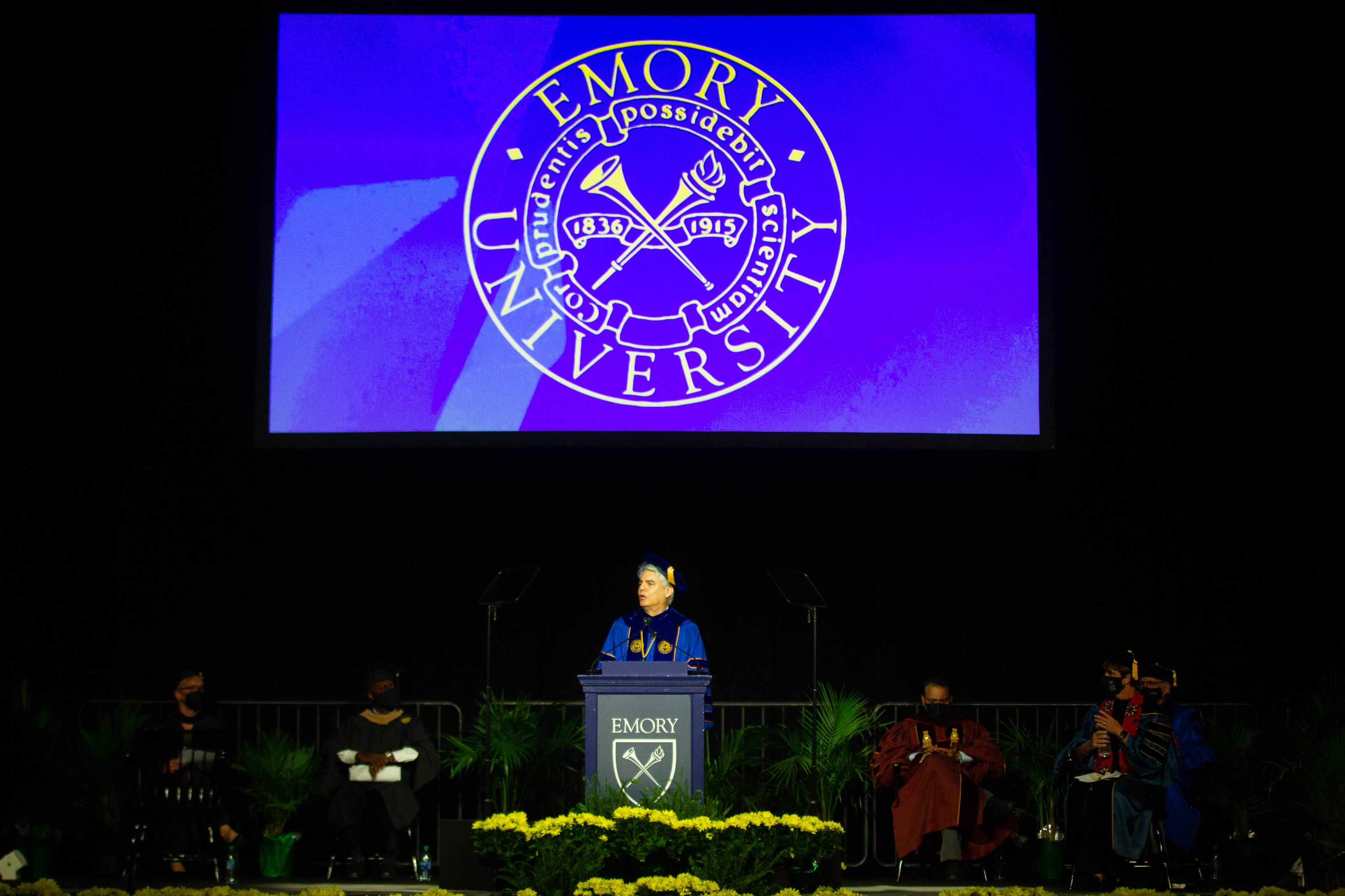 Emory University President Gregory L. Fenves talks during Emory's Goizueta Business Schools graduation ceremony at the World Congress Center Friday, May 14, 2021. STEVE SCHAEFER FOR THE ATLANTA JOURNAL-CONSTITUTION
