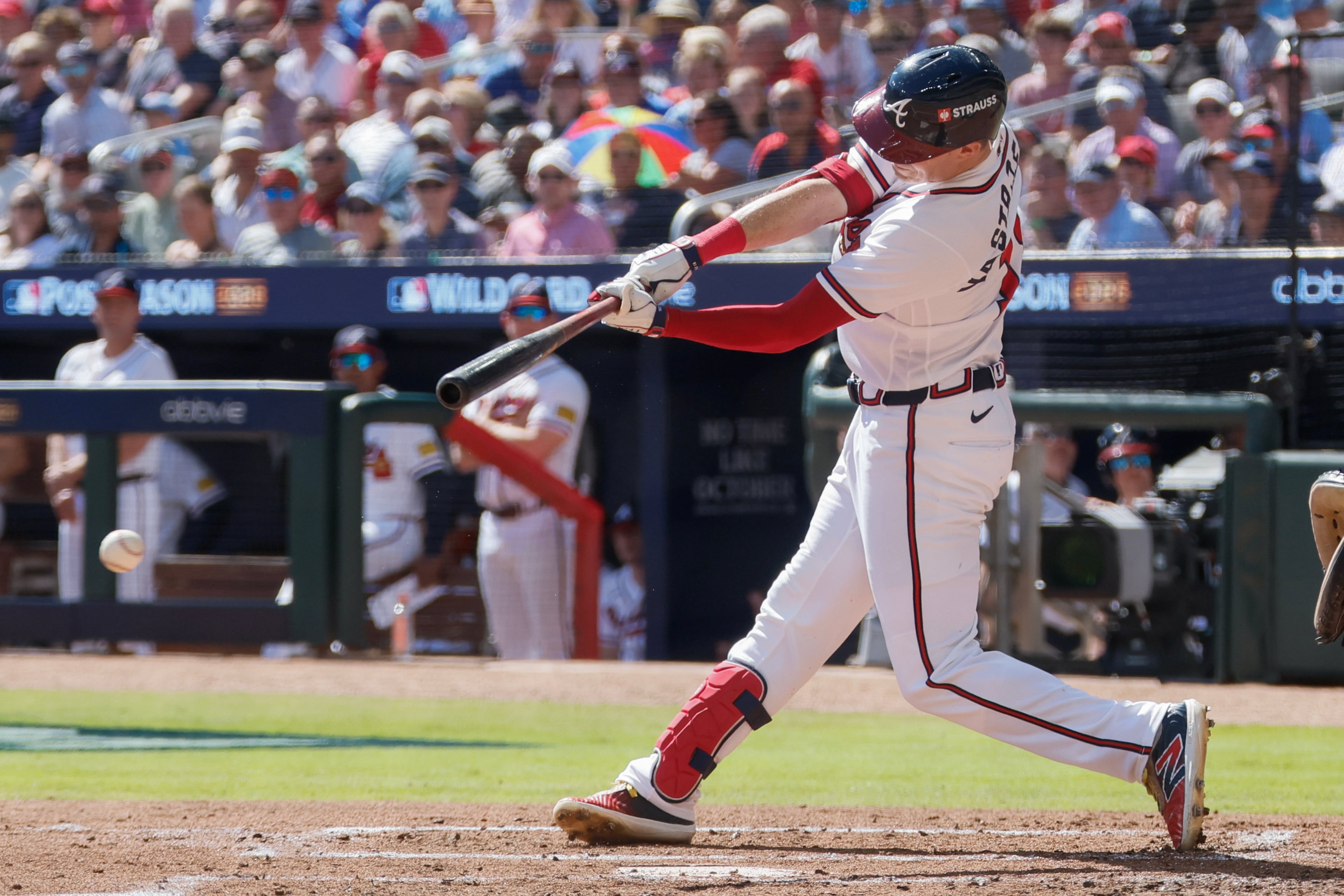 Atlanta Braves designated hitter Mike Yastrzemski hits an RBI single against the Philadelphia Phillies during the second inning of Game 1 of a MLB National League Wild Card playoff series between the Atlanta Braves and the Philadelphia Phillies, Tuesday, Sept. 29, 2026, in Atlanta. (Miguel Martinez/AJC)