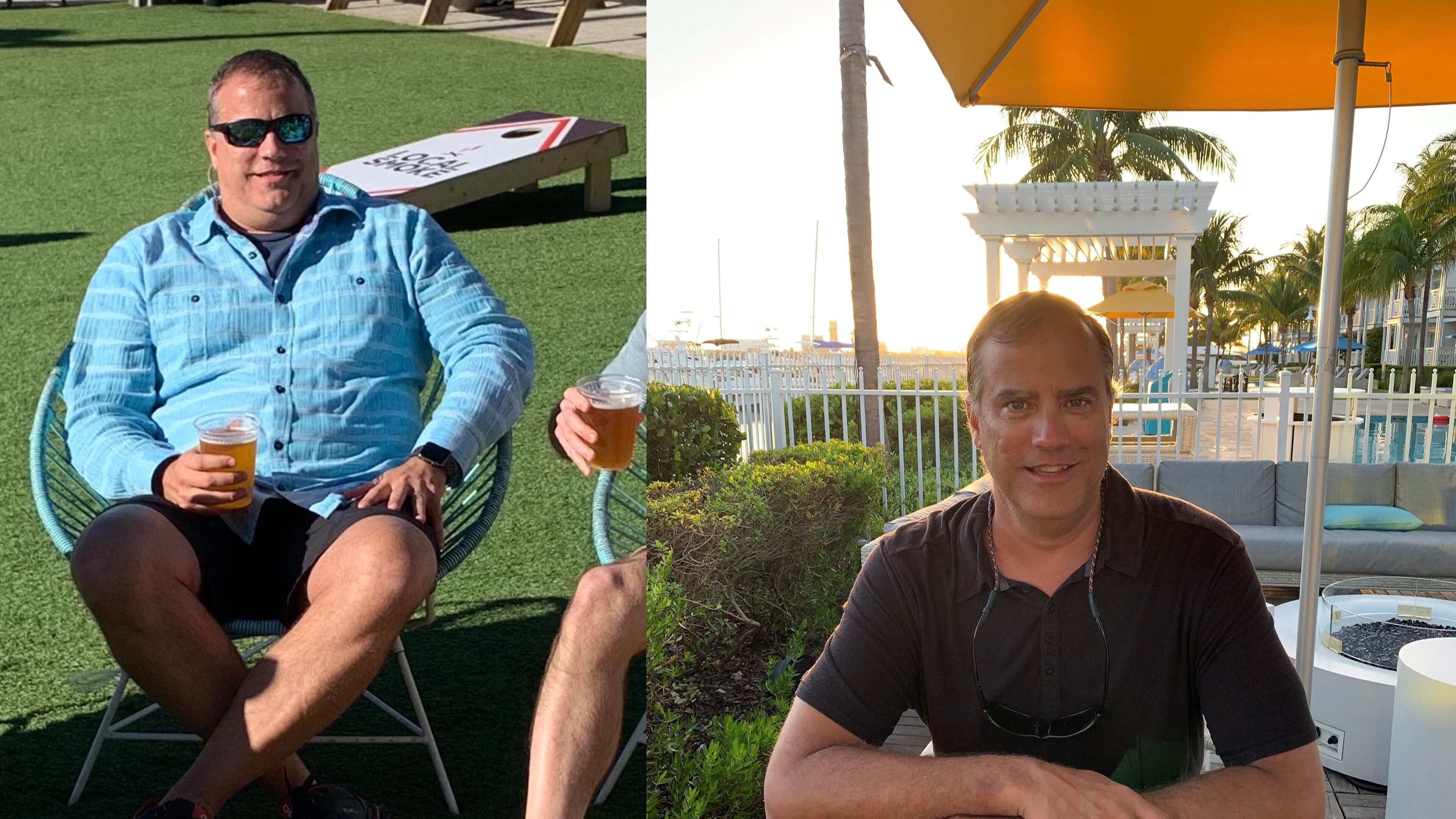 In the photo on the left, taken in December 2019, Craig Miller weighed 262 pounds. In the photo on the right, taken in February, he weighed 205 pounds. (Photos contributed by Craig Miller)