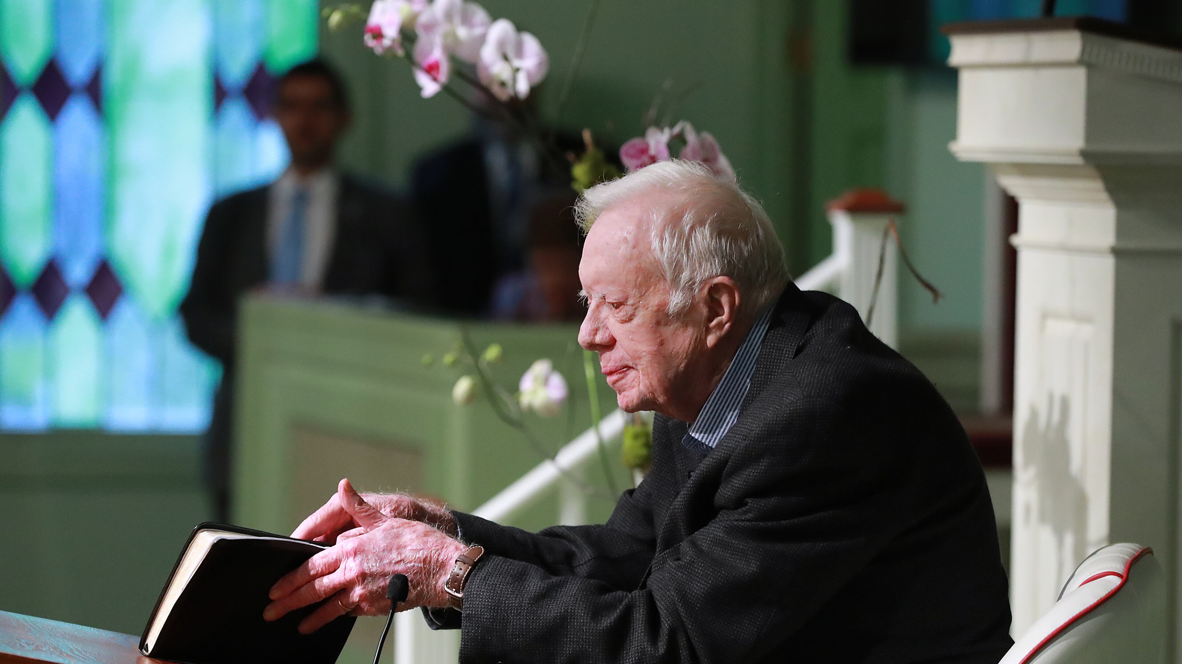 June 9, 2019 Plains: President Jimmy Carter, 94, the 39th U.S. president and Plains native, opens his Bible to begin the lesson as he returns to Maranatha Baptist Church to teach Sunday School less than a month after falling and breaking his hip on Sunday, June 9, 2019, in Plains. Curtis Compton/ccompton@ajc.com