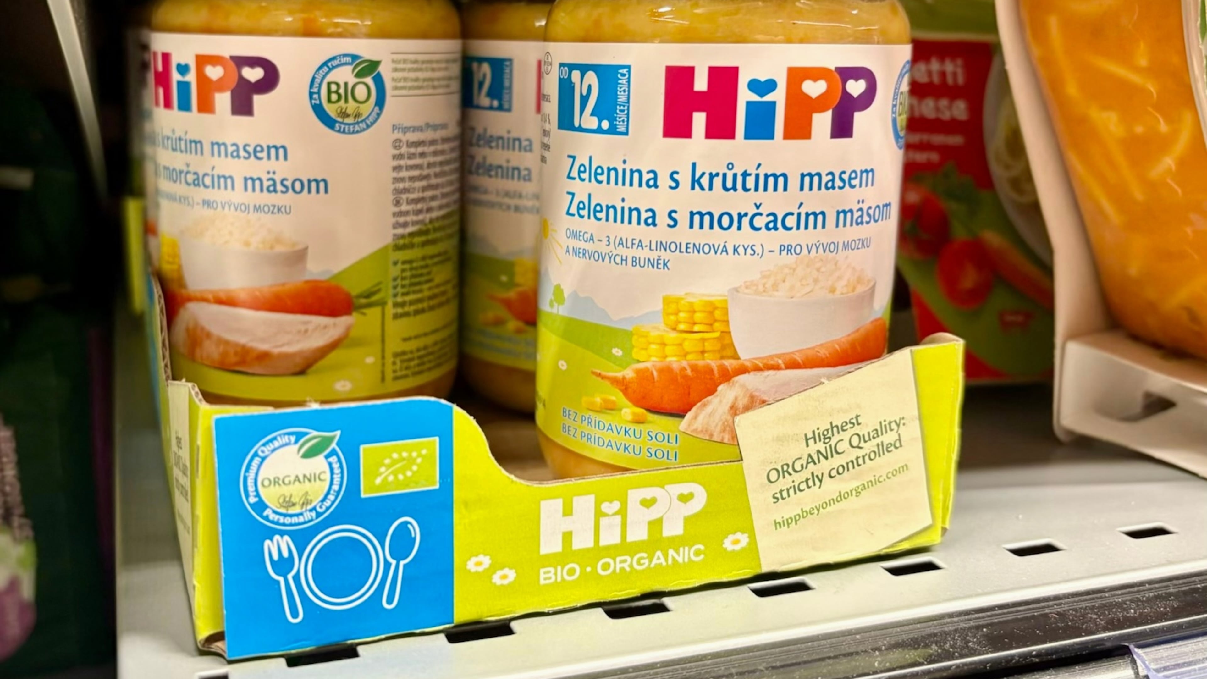 A view of HIPP baby food on a shelf, in Ceske Budejovice, Czech Republic, Sunday, April 19, 2026. (AP Photo/Stanislav Hodina)