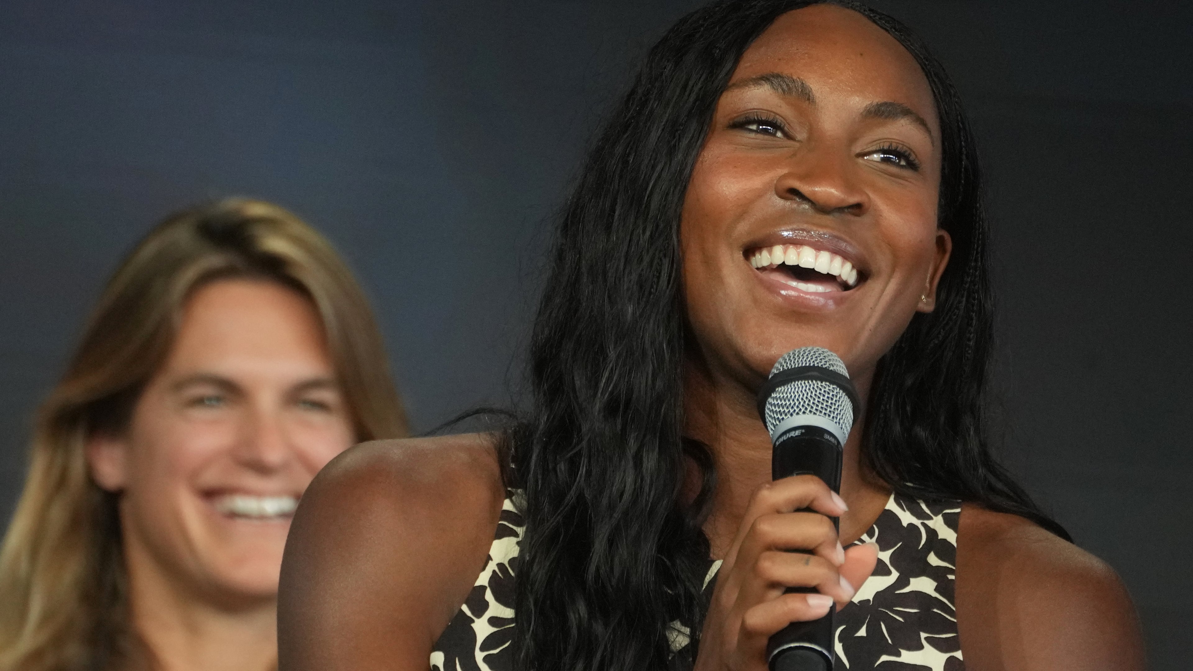 United States' tennis player Coco Gauff speaks to the media during the draw for the French Open tennis tournament, Thursday, May 21, 2026, at the Roland Garros stadium in Paris. (AP Photo/Thibault Camus)