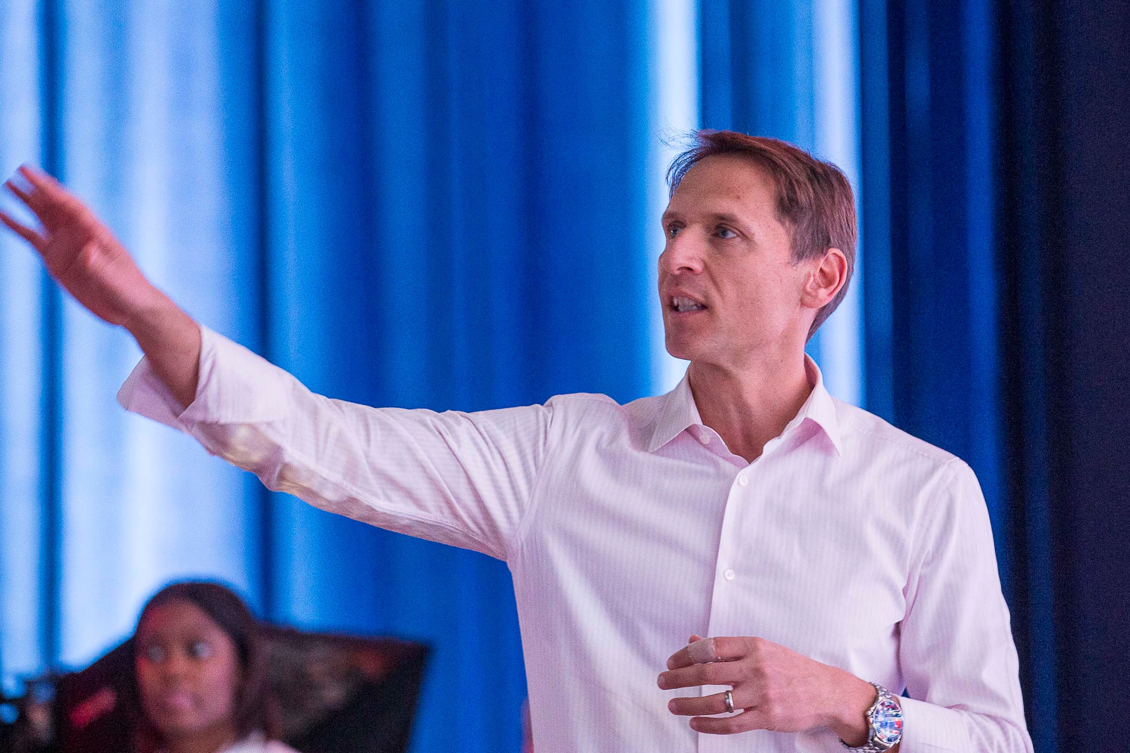 11/19/2019 -- Atlanta, Georgia -- Marc Greenstein, MSNBC vice president of creative production design, talks about the design of the sound stage a day before the televised MSNBC/The Washington Post Democratic Presidential debate inside the Oprah Winfrey Soundstage at Tyler Perry Studios in Atlanta, Tuesday, November 19, 2019. The Oprah Winfrey Soundstage is the largest soundstage on the Tyler Perry Studio grounds. (Alyssa Pointer/Atlanta Journal Constitution)