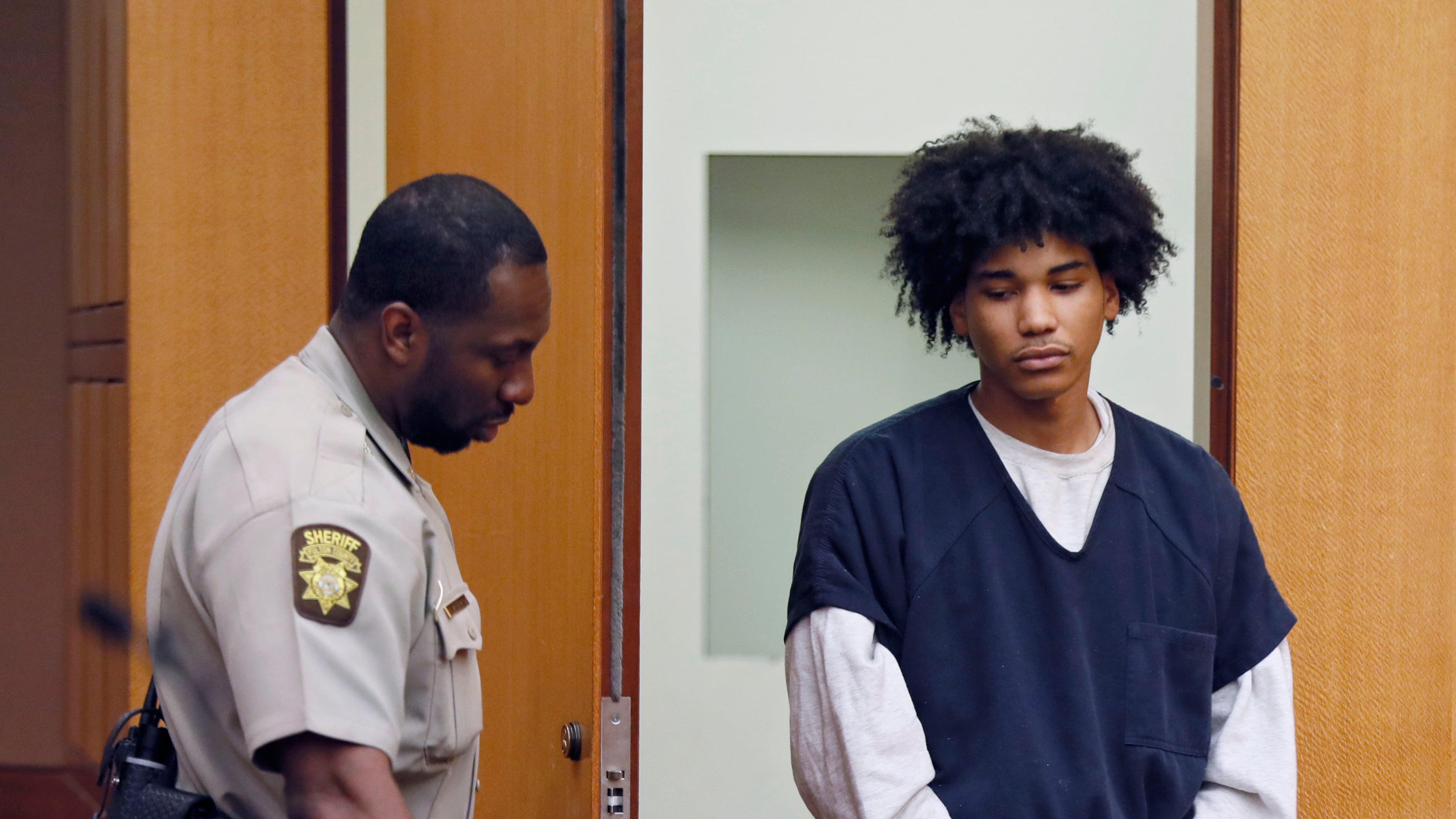 Barron Brantley is led into a Fulton County courtroom for a pretrial hearing on Friday, Nov. 22, 2019. Brantley and Jordyn Jones are charged with murder in the 2019 death of Clark Atlanta University student Alexis Crawford. (Bob Andres/AJC)