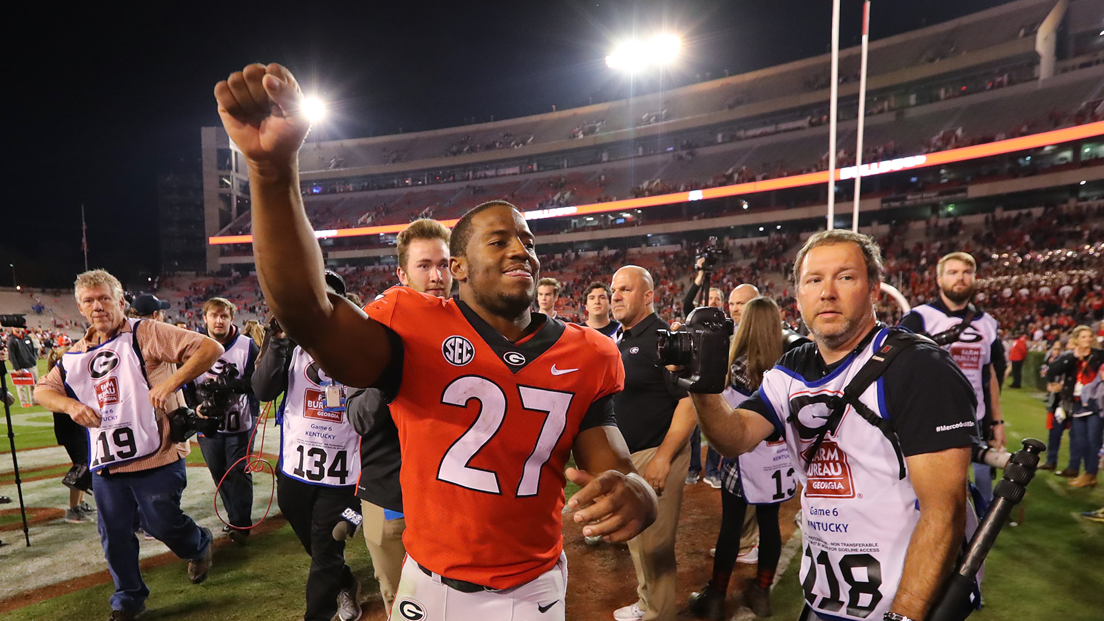 Nick Chubb was all smiles after his 151-yard, two-touchdown performance for Georgia against Kentucky on Senior Day in 2017. (Curtis Compton/AJC)