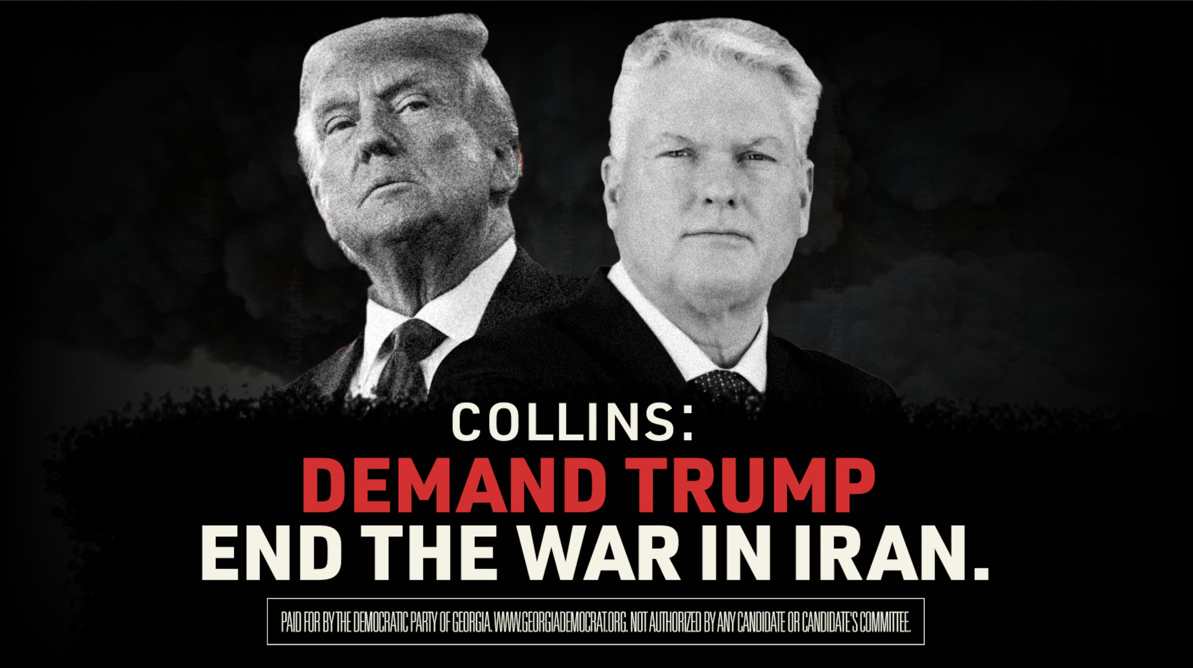 A mobile billboard telling U.S. Rep. Mike Collins (right) to call for the end to the Iran war will circle the venue for the debate between Collins and U.S. Sen. Jon Ossoff on Thursday. (Courtesy)