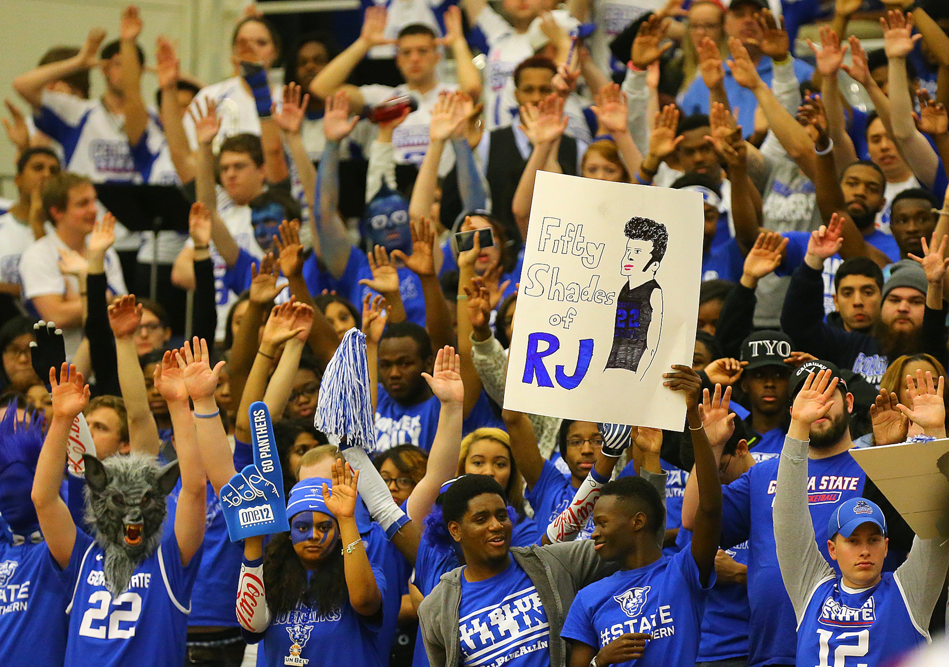 A sold-out crowd cheers the Georgia State Panthers and R.J. Hunter on to a 72-55 victory over Georgia Southern during a basketball game on Saturday, March 7, 2015, in Atlanta.
