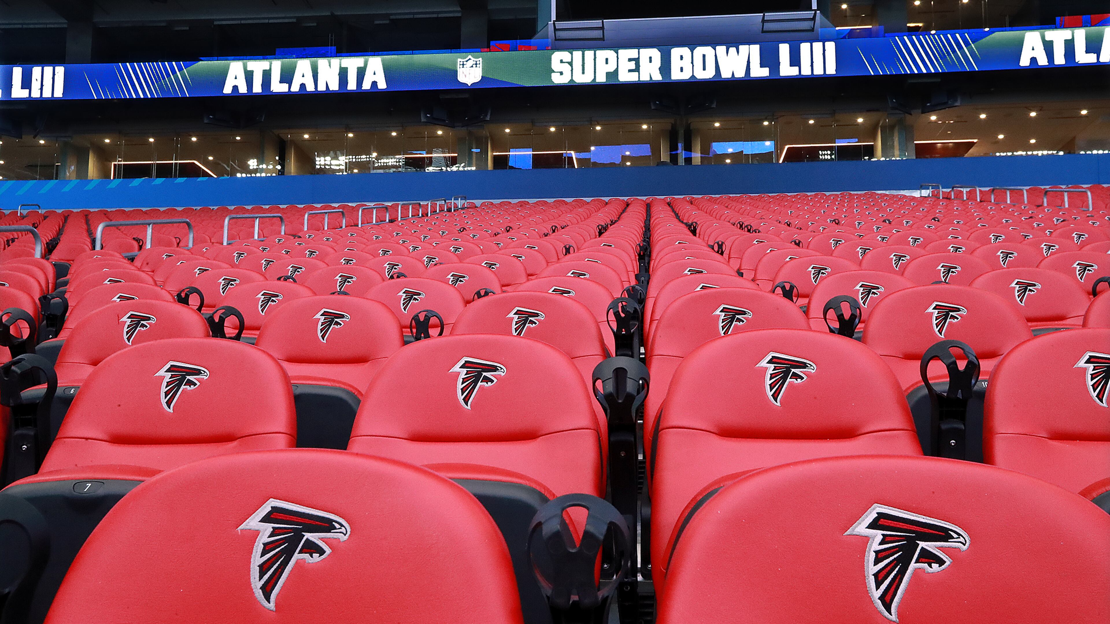 Some of the seats inside Mercedes-Benz Stadium still bear the Falcons logo while it is prepared for the Super Bowl on Tuesday, Jan. 22, 2019, in Atlanta. Curtis Compton/ccompton@ajc.com