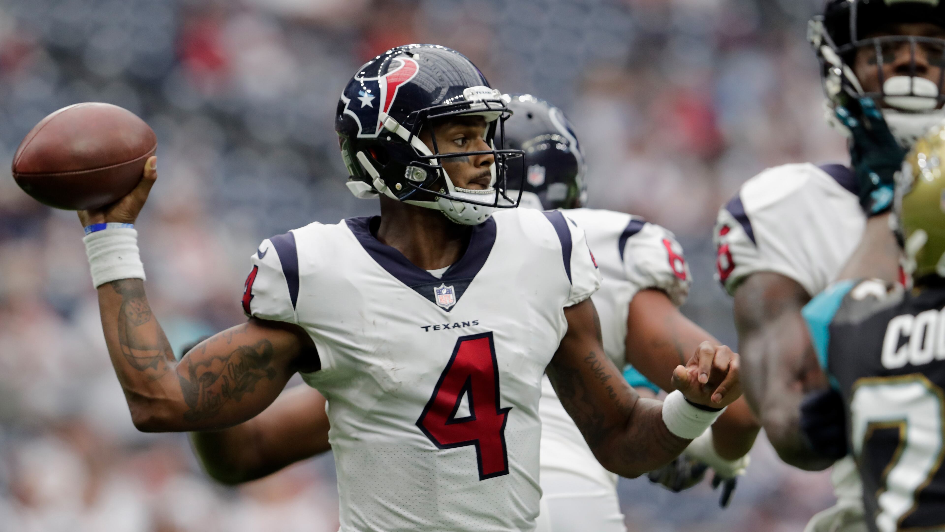 HOUSTON, TX - SEPTEMBER 10: Deshaun Watson #4 of the Houston Texans throws a pass in the fourth quarter against the Jacksonville Jaguars at NRG Stadium on September 10, 2017 in Houston, Texas. (Photo by Tim Warner/Getty Images)