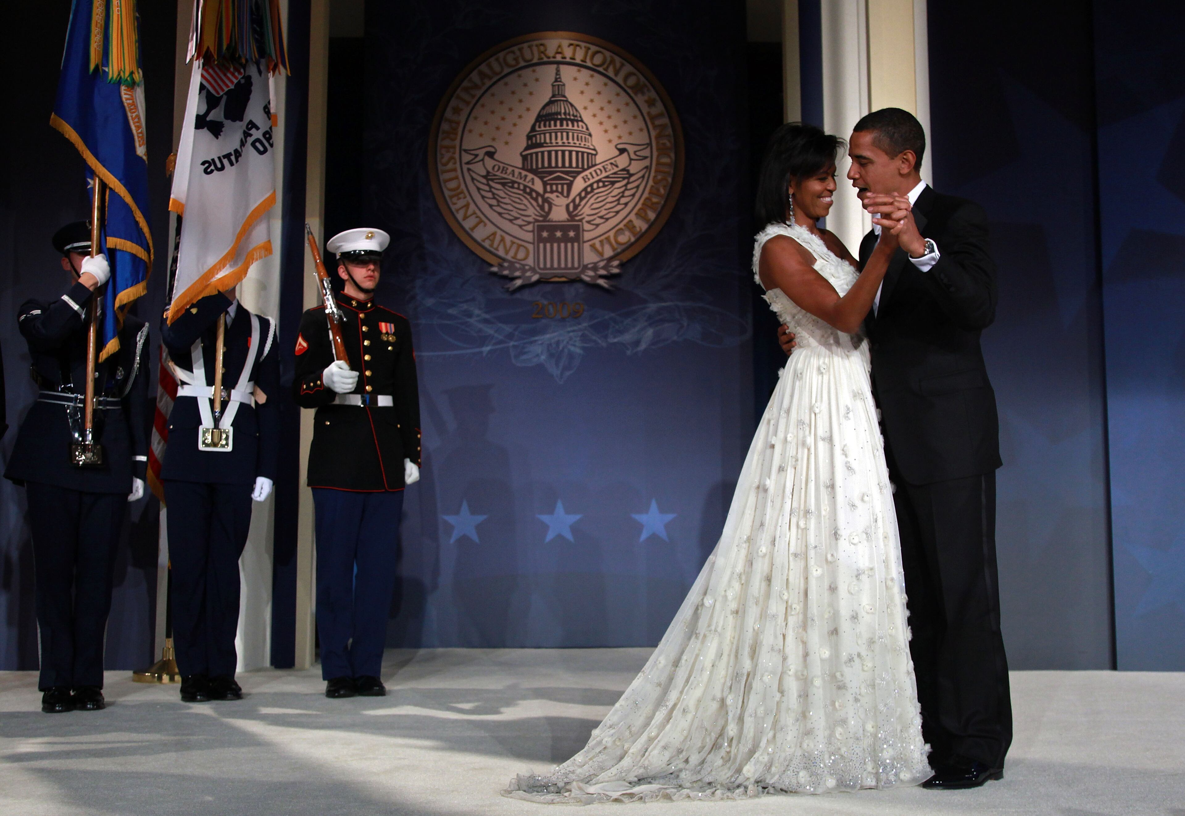 U.S President Barack Obama and his wife First Lady Michelle Obama dance on stage during MTV & ServiceNation: Live From The Youth Inaugural Ball at the Hilton Washington on January 20, 2009 in Washington, DC. President Barack Obama was sworn in as the 44th President of the United States today, becoming the first African-American to be elected President of the US. (Photo by Mark Wilson/Getty Images)