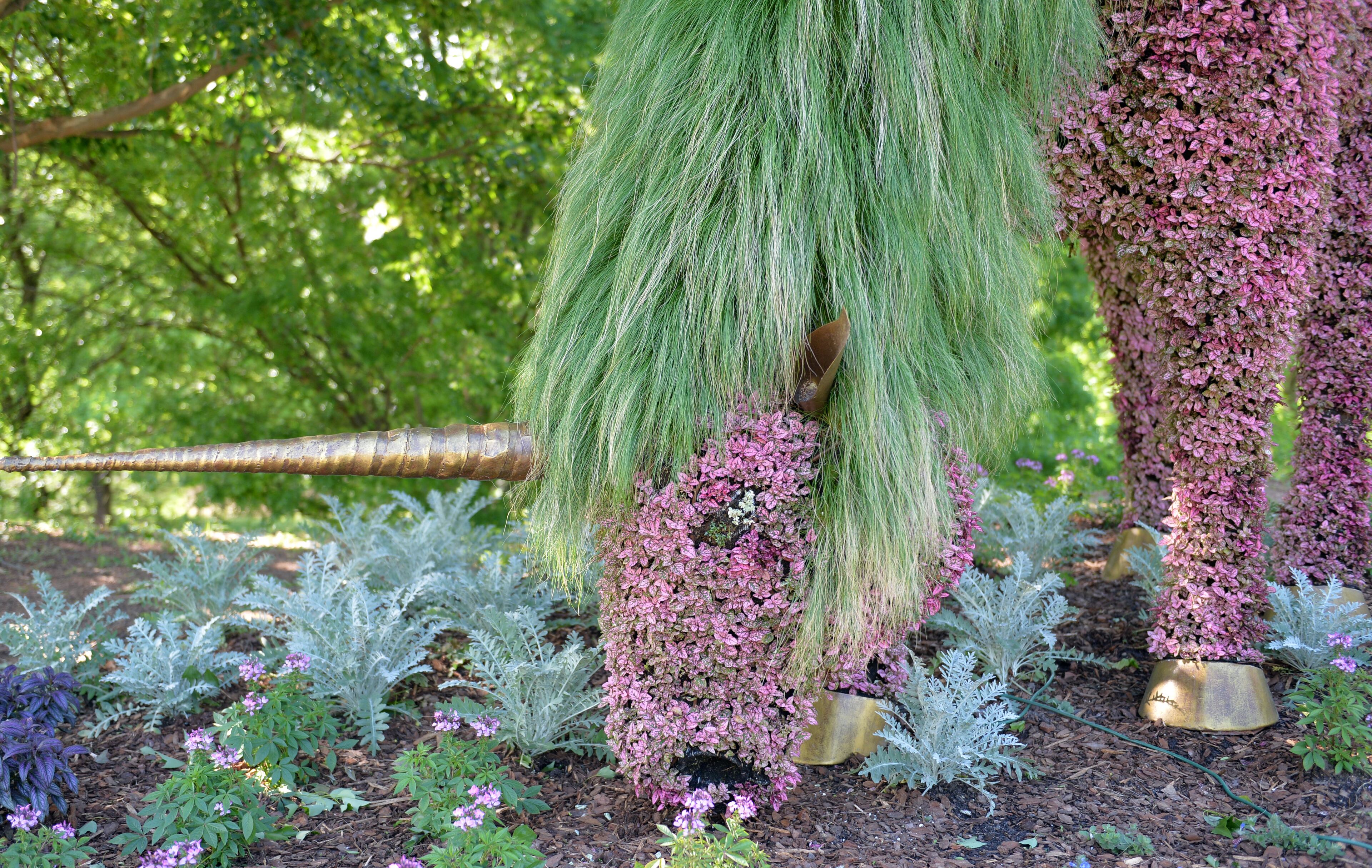 The unicorn is back at "Imaginary Worlds," an enhanced and expanded encore of last summer's hit outdoor exhibit at the Atlanta Botanical Garden, on Thursday, May 1, 2014. HYOSUB SHIN / HSHIN@AJC.COM