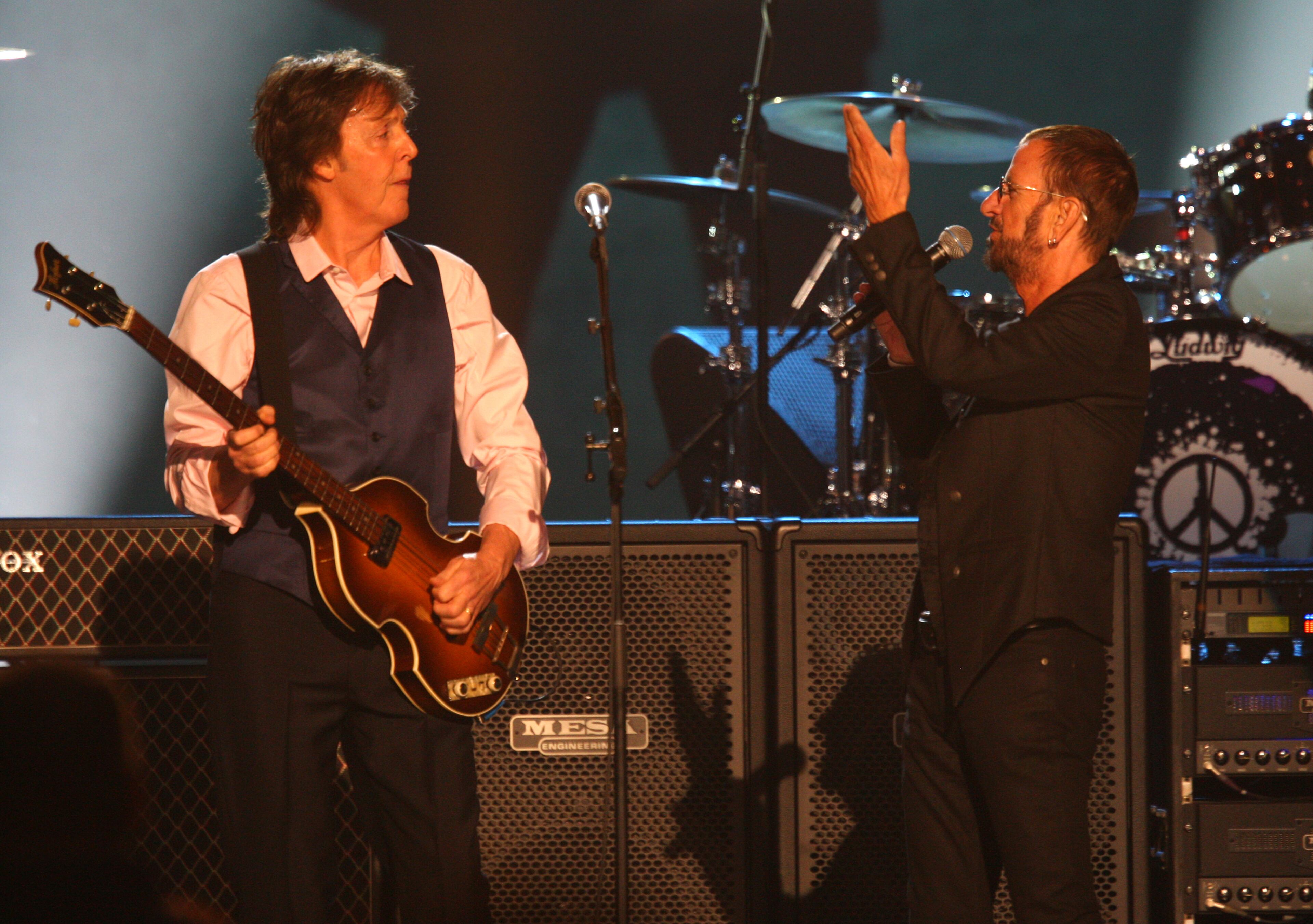 Paul McCartney and Ringo Starr perform at The Night that Changed America: A Grammy Salute to the Beatles, on Monday, Jan. 27, 2014, in Los Angeles. (Photo by Zach Cordner/Invision/AP)