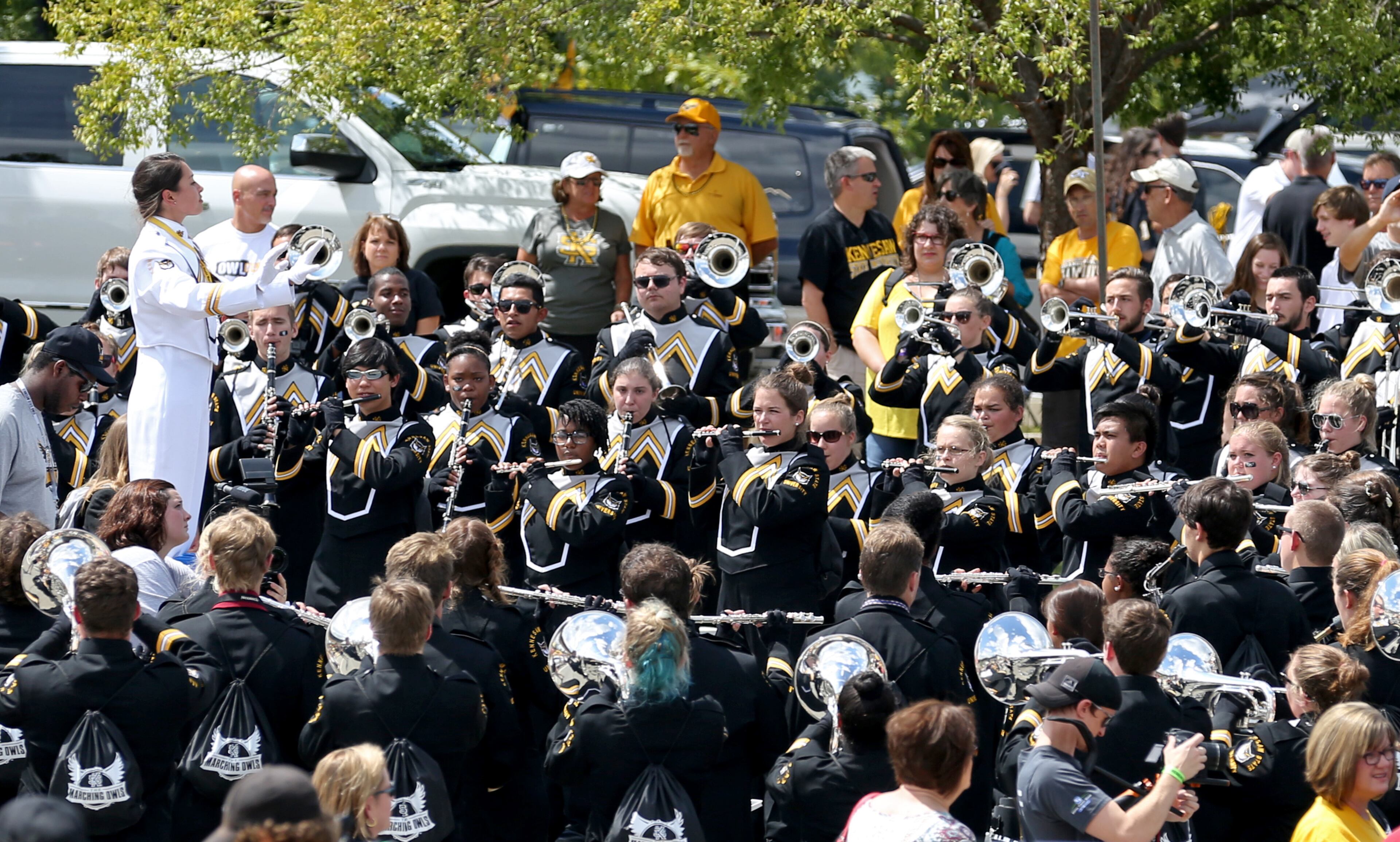 September 12, 2015 - Kennesaw, Ga: The Kennesaw State University marching band performs before KSU's football game against Edward Waters at Fifth Third Bank Stadium, Saturday, September 12, 2015, in Kennesaw, Ga.. This is the first home game of KSU's inaugural football season. PHOTO / JASON GETZ