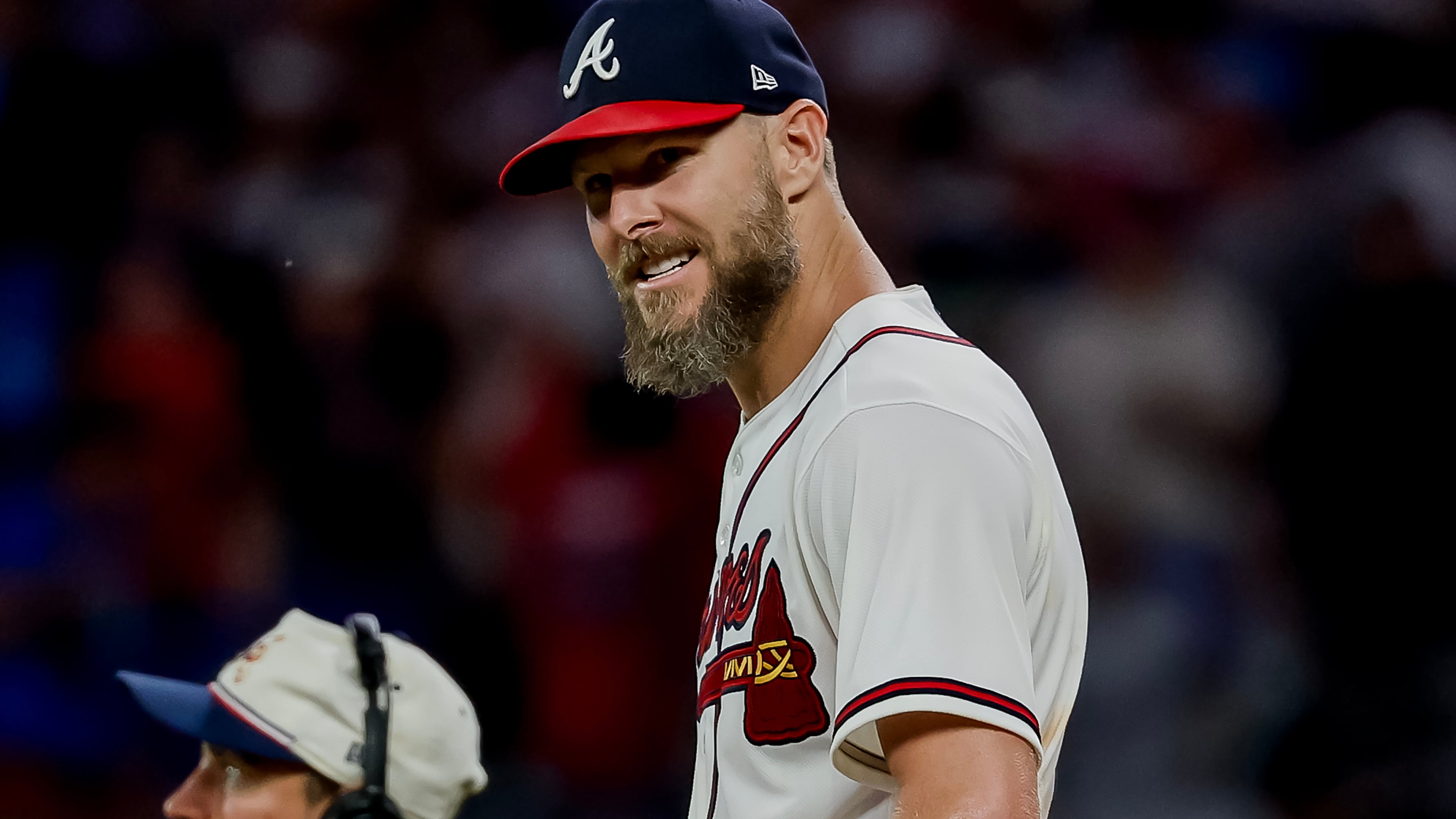 Atlanta Braves pitcher Chris Sale, right, celebrates after winning a baseball game shutout against the Los Angeles Dodgers, Thursday, Aug. 27, 2026, in Atlanta. (AP Photo/Erik S. Lesser)