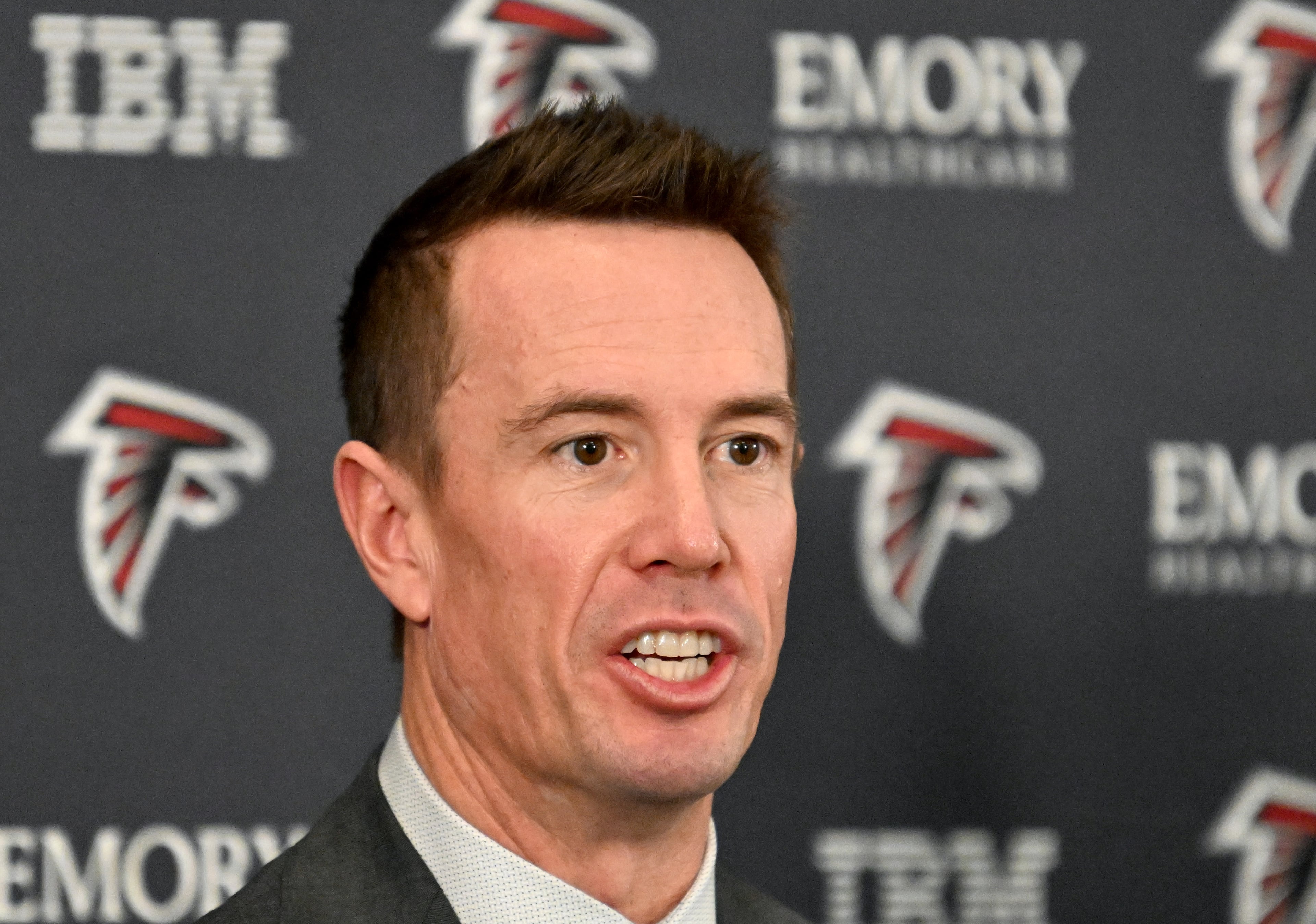 New Atlanta Falcons president of football Matt Ryan speaks to members of the press during a news conference to introduce Ryan as the Falcons' president of football, Tuesday, Jan. 13, 2026, in Flowery Branch. (Hyosub Shin/AJC)