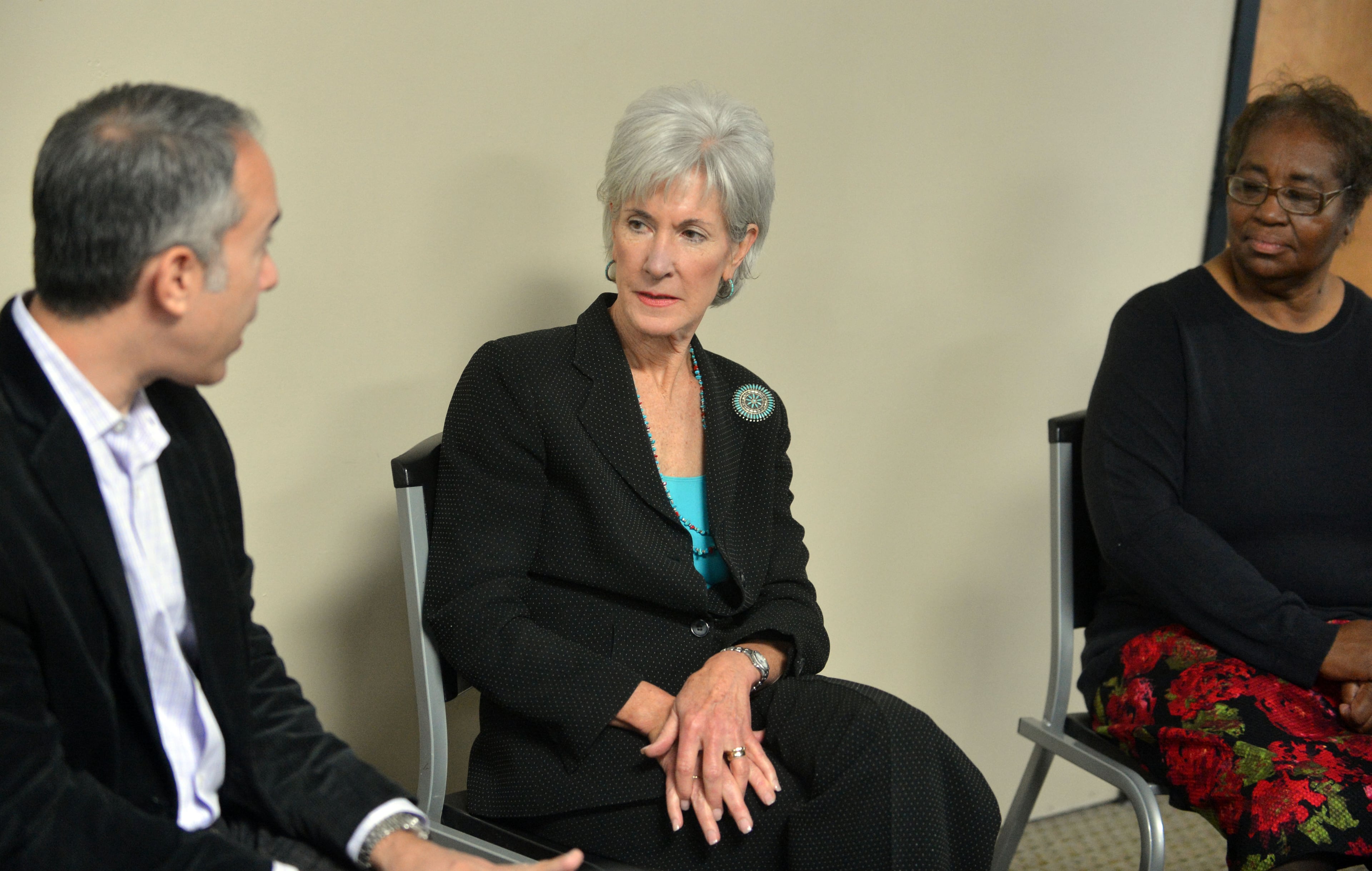 NOVEMBER 8, 2013 ATLANTA Secretary Sebelius talks with Atlanta residents Michael Lappin and Ophelia Lee about their experiences in enrolling for healthcare. HHS Secretary Kathleen Sebelius talks about the Affordable Care Act, dubbed "Obamacare," at the Southside Medical Center in Atlanta, Friday, November 8, 2013. She was in town to discuss enrollment options available to Georgia residents. KENT D. JOHNSON / KDJOHNSON@AJC.COM