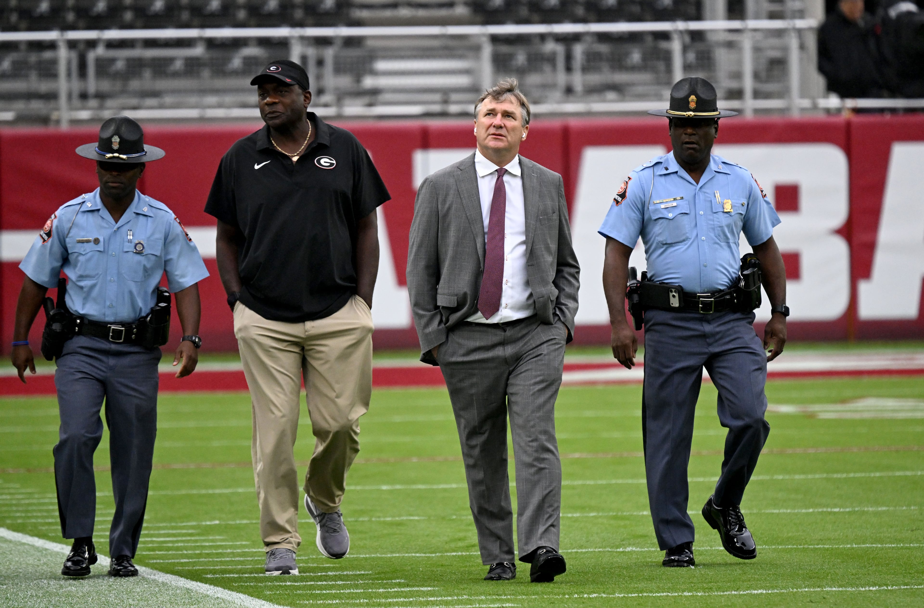 Georgia head coach Kirby Smart walks on the field after players and coaching staff arrive before an NCAA football game against Alabama at Bryant-Denny Stadium on Saturday, Oct. 10, 2026, in Tuscaloosa, Alabama. (Hyosub Shin/AJC)
