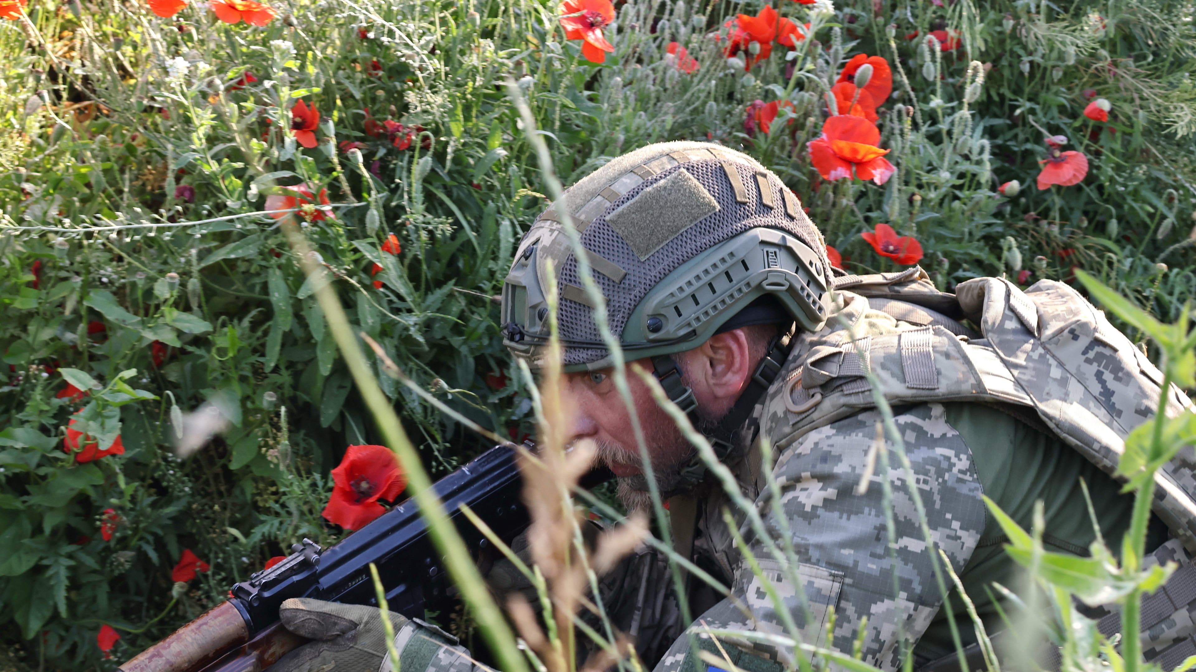 In this photo provided by Ukraine's 65th Mechanized Brigade press service, a soldier practices military skills at a training ground near the frontline in the Zaporizhzhia region, Ukraine, Thursday, June 11, 2026. (Andriy Andriyenko/Ukraine's 65th Mechanized Brigade via AP)