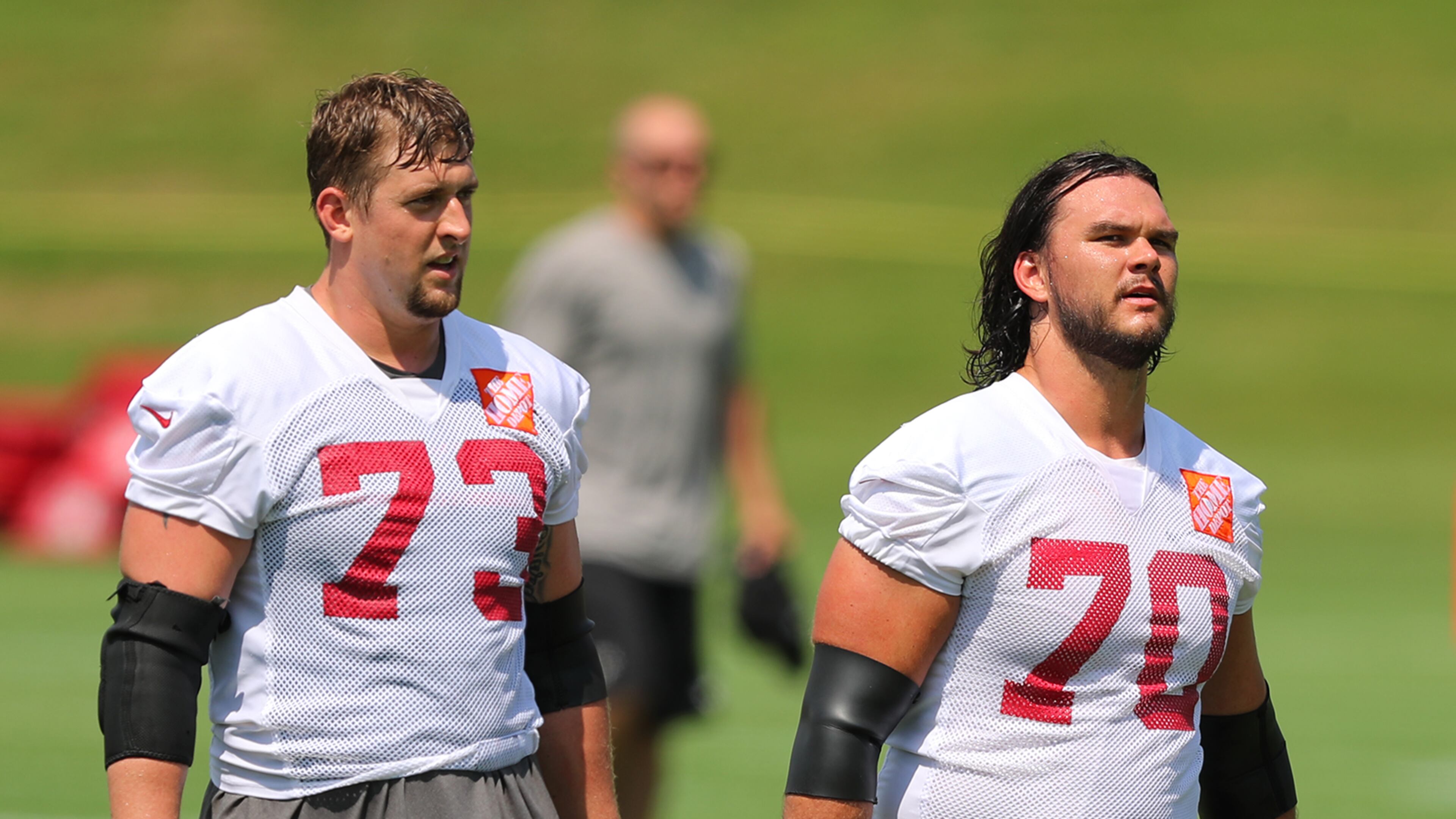 June 13, 2017, Flowery Branch: Falcons offensive lineman Ryan Schraeder and Jake Matthews during the first day of mini-camp on Tuesday, June 13, 2017, in Flowery Branch. Curtis Compton/ccompton@ajc.com