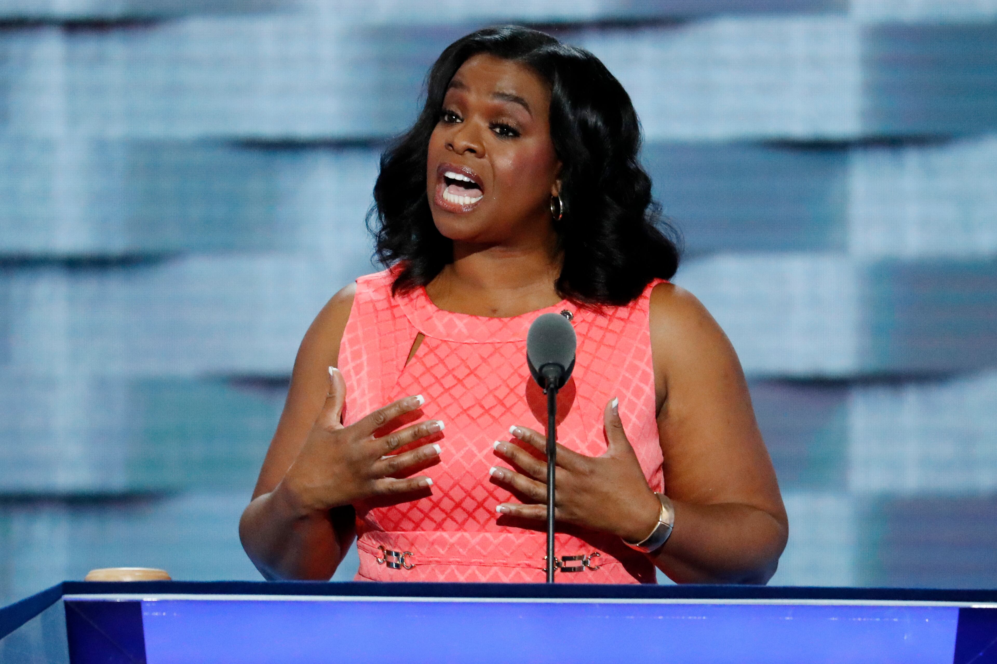 Former Trump University student Cheryl Lankford speaks during the first day of the Democratic National Convention in Philadelphia , Monday, July 25, 2016. (AP Photo/J. Scott Applewhite)
