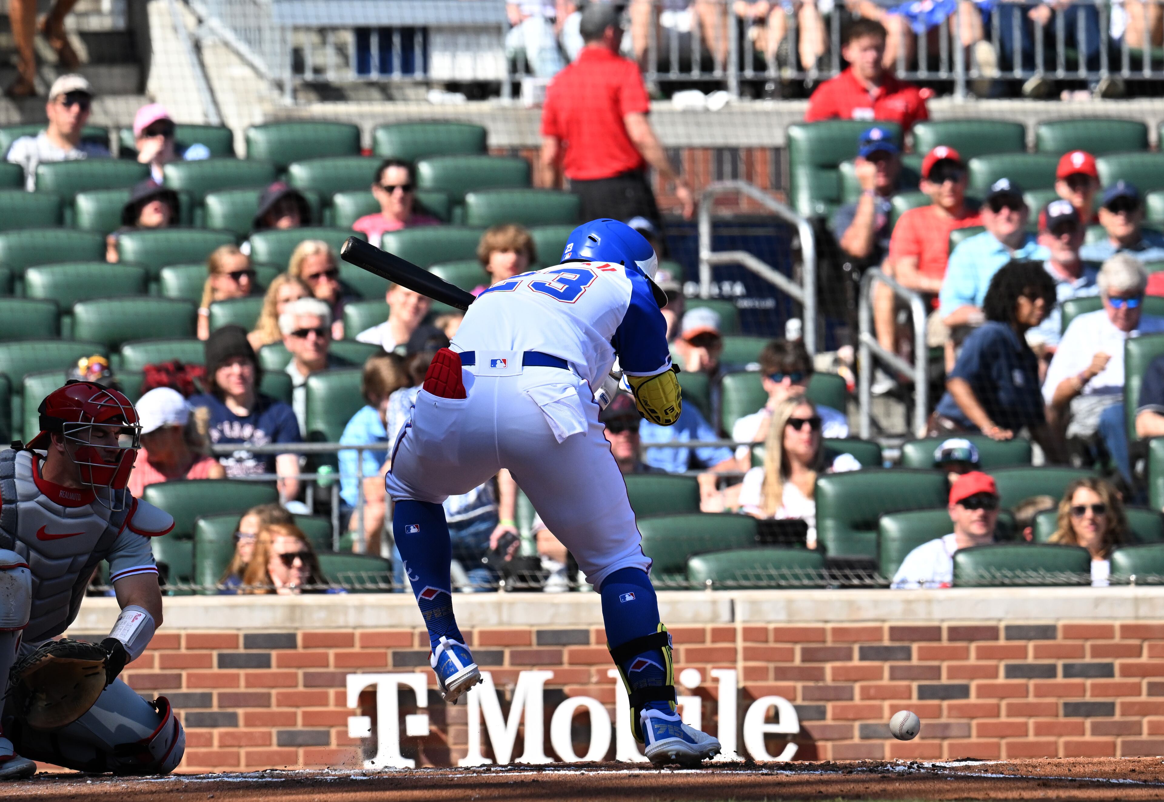 Atlanta Braves' center fielder Michael Harris II (23) is hit by a pitch during the third inning at Truist Park, Saturday, May 27, 2023, in Atlanta. (Hyosub Shin / Hyosub.Shin@ajc.com)
