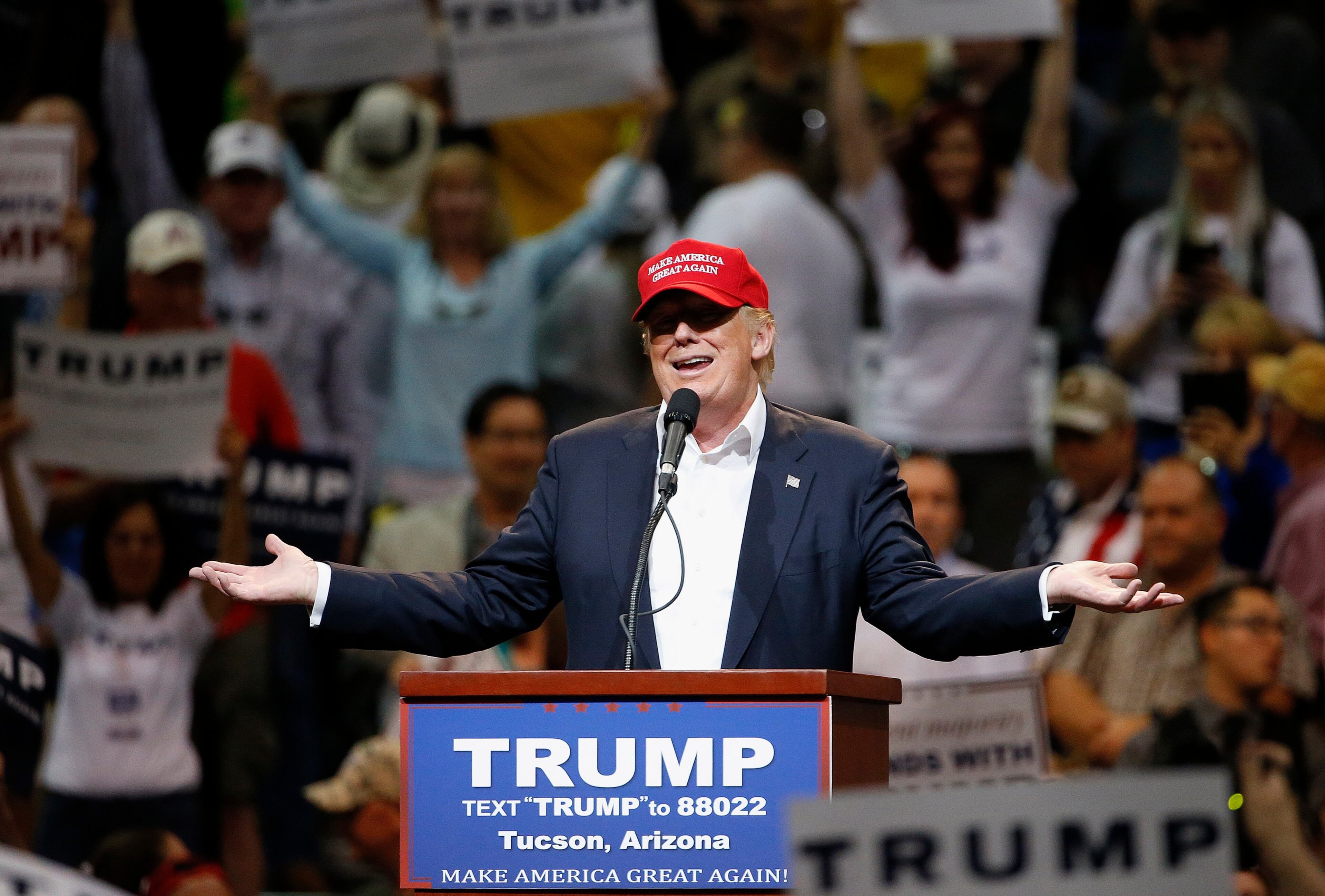 Republican presidential candidate Donald Trump speaks during a campaign rally Saturday, March 19, 2016, in Tucson, Ariz. (AP Photo/Ross D. Franklin)