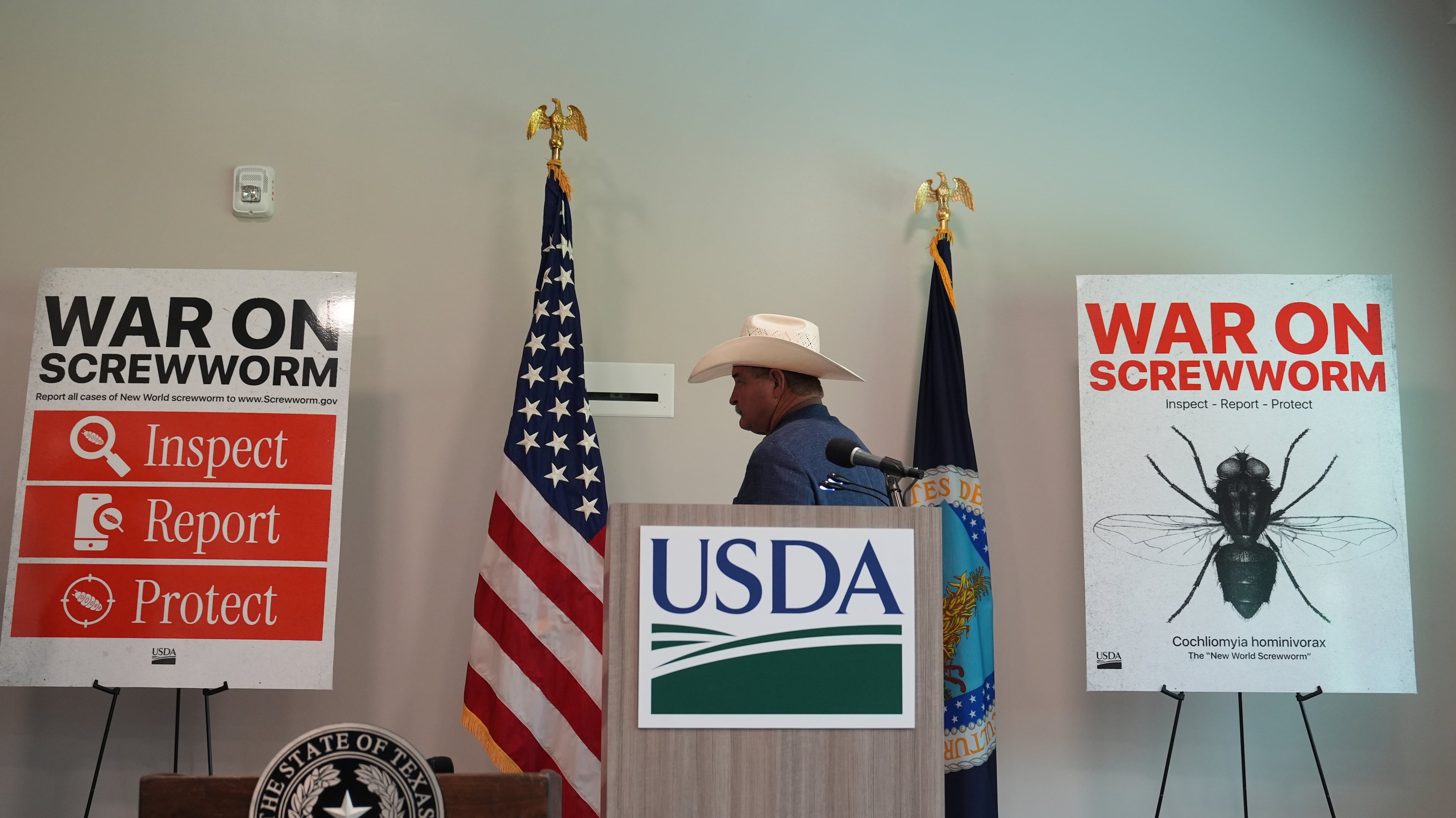 A ranchers arrivse for a news conference with U.S. Agriculture Secretary Brooke Rollins at the Knipling-Bushland U.S. Livestock Insects Research Laboratory in Kerrville, Texas, Monday, June 8, 2026. (AP Photo/Eric Gay)