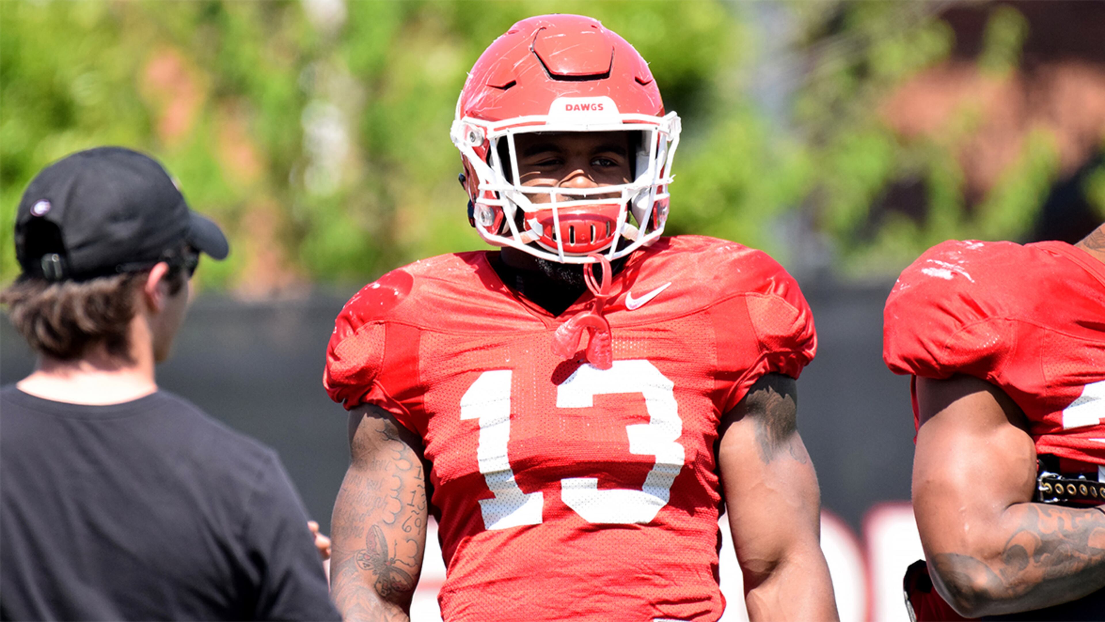 Georgia tailback Elijah Holyfield (13) during the Bulldogs' practice Tuesday, April 17, 2018, on the Woodruff Practice Fields in Athens.