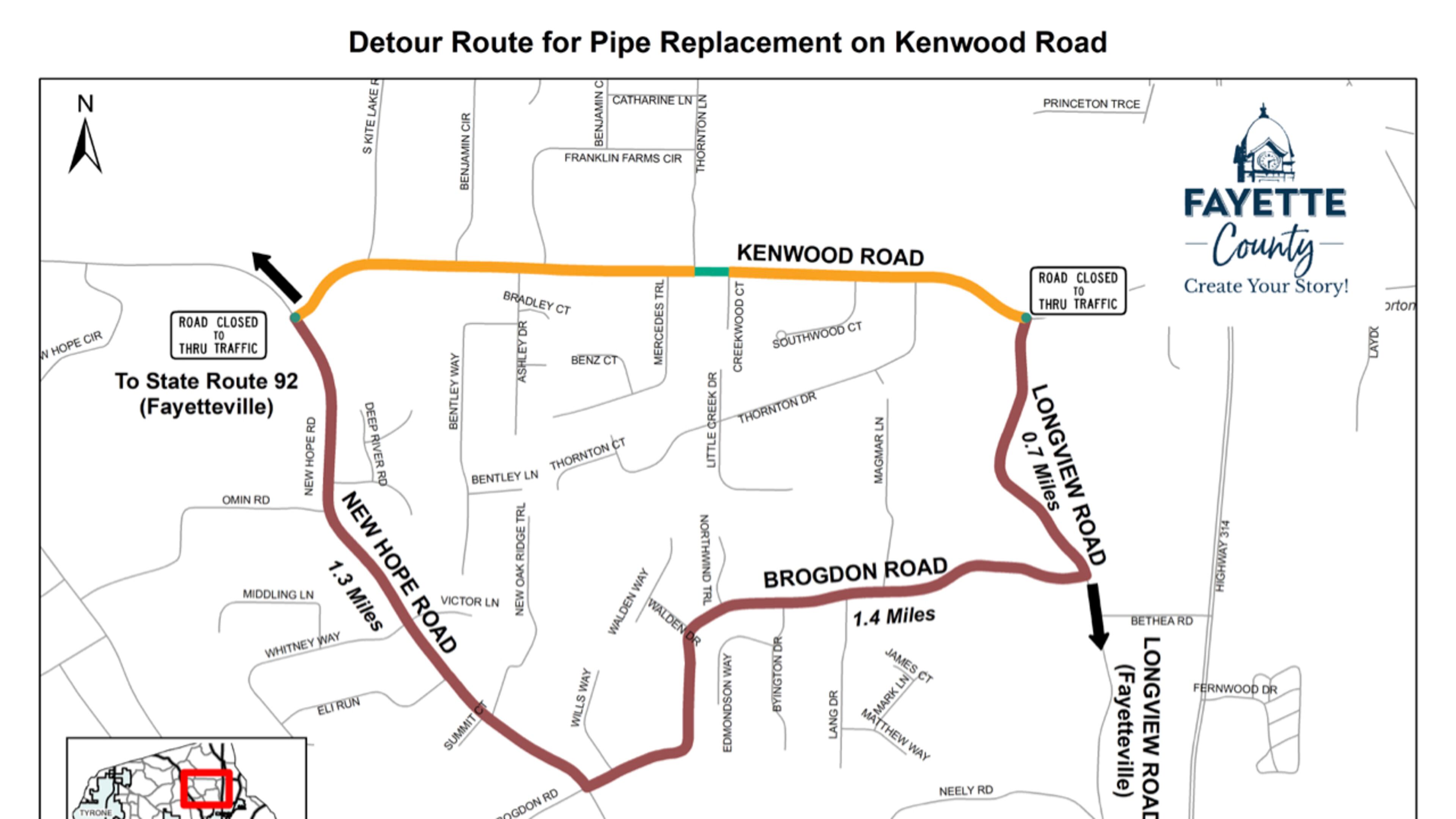 One large stormwater repair and two smaller ones will require a detour around part of Kenwood Road north of Fayetteville. Courtesy Fayette County