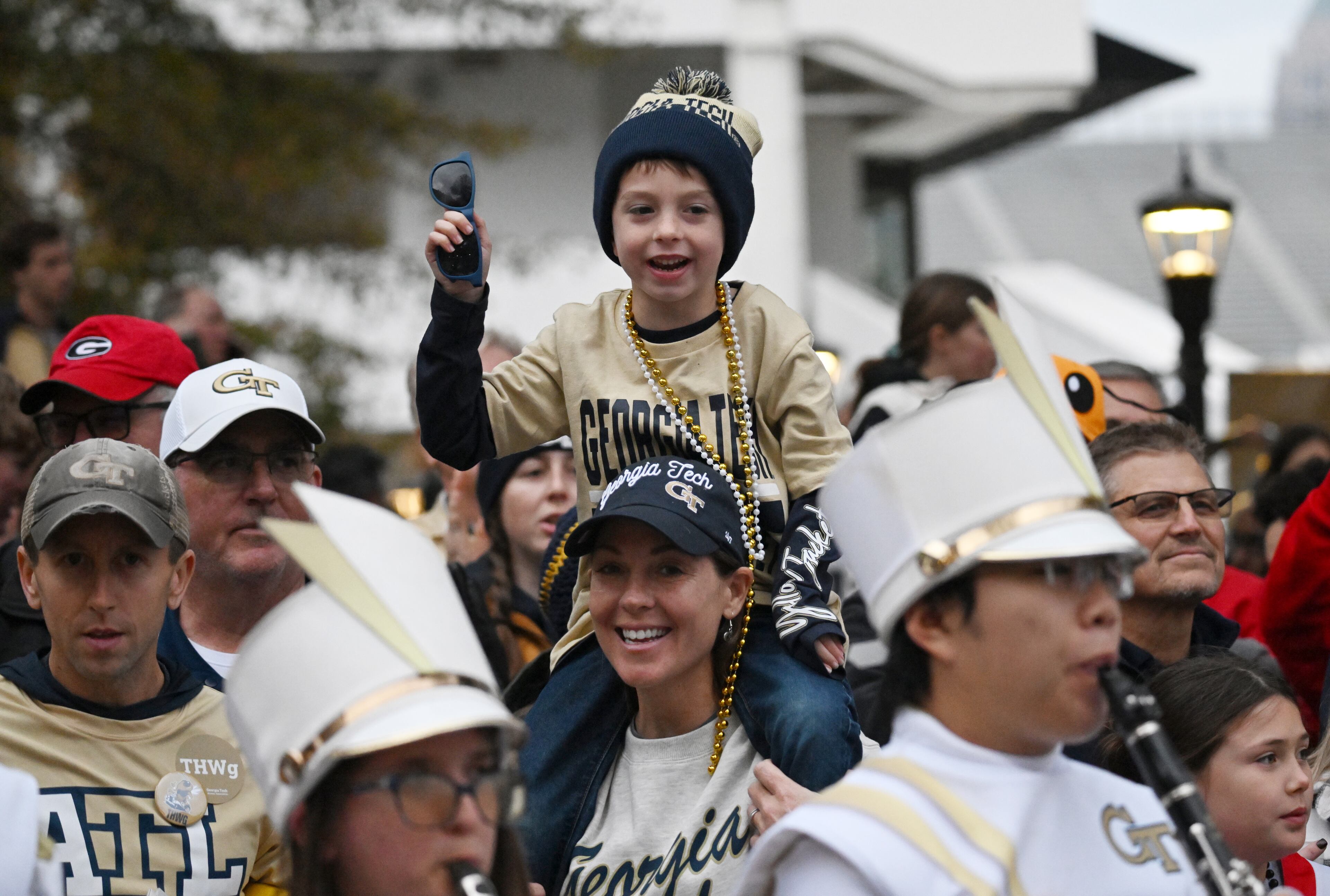 Georgia Tech fans cheer during Block Party prior to an NCAA college football game between Georgia Tech and Georgia at Georgia Tech's Bobby Dodd Stadium, Saturday, November 25, 2023, in Atlanta. (Hyosub Shin / Hyosub.Shin@ajc.com)