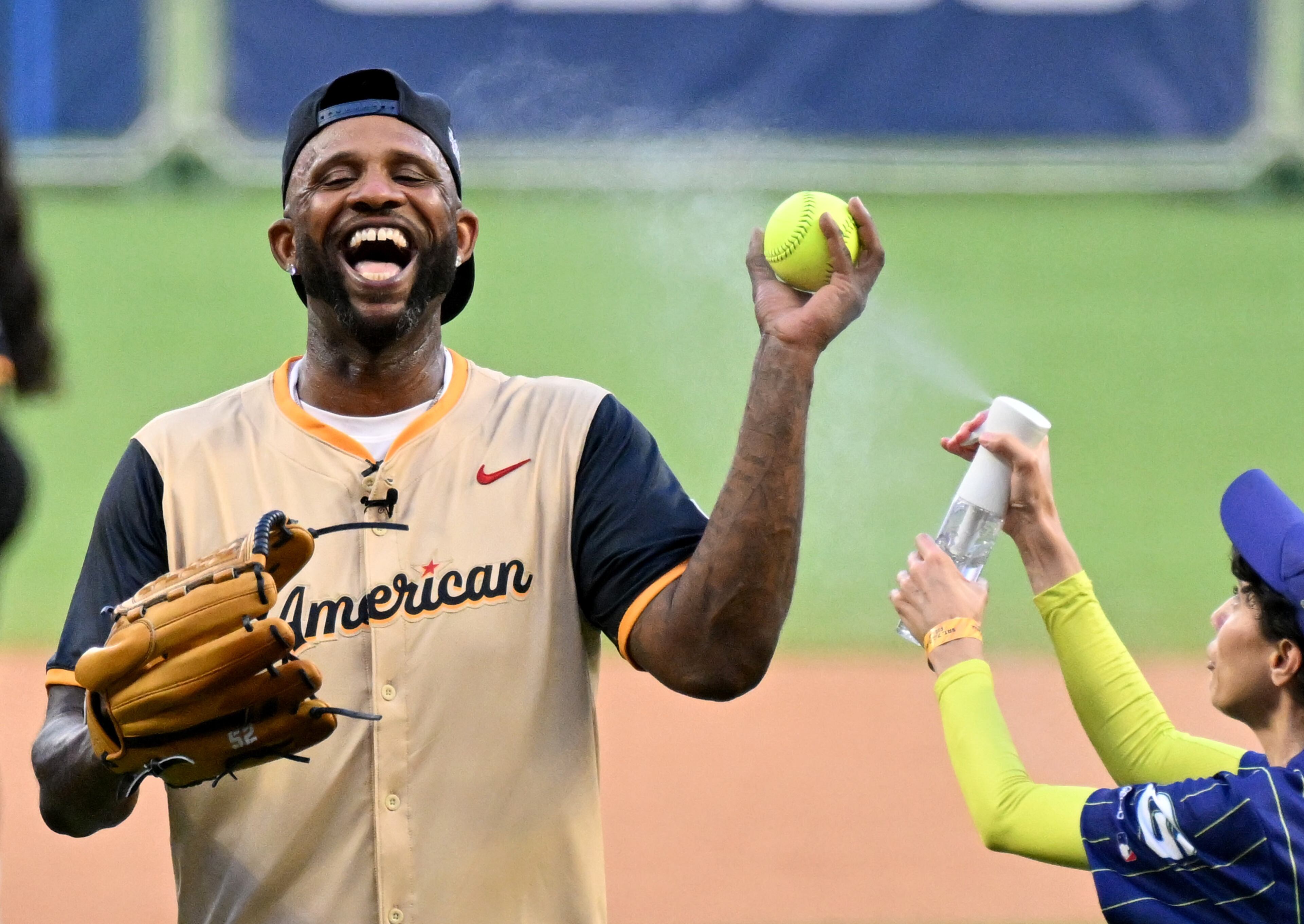 American League’s CC Sabathia, Yankees Legend & Hall of Famer, reacts as he is cooling off during the MLB All-Star Celebrity Softball Game at Truist Park, Saturday, July 12, 2025, in Atlanta. (Hyosub Shin / AJC)