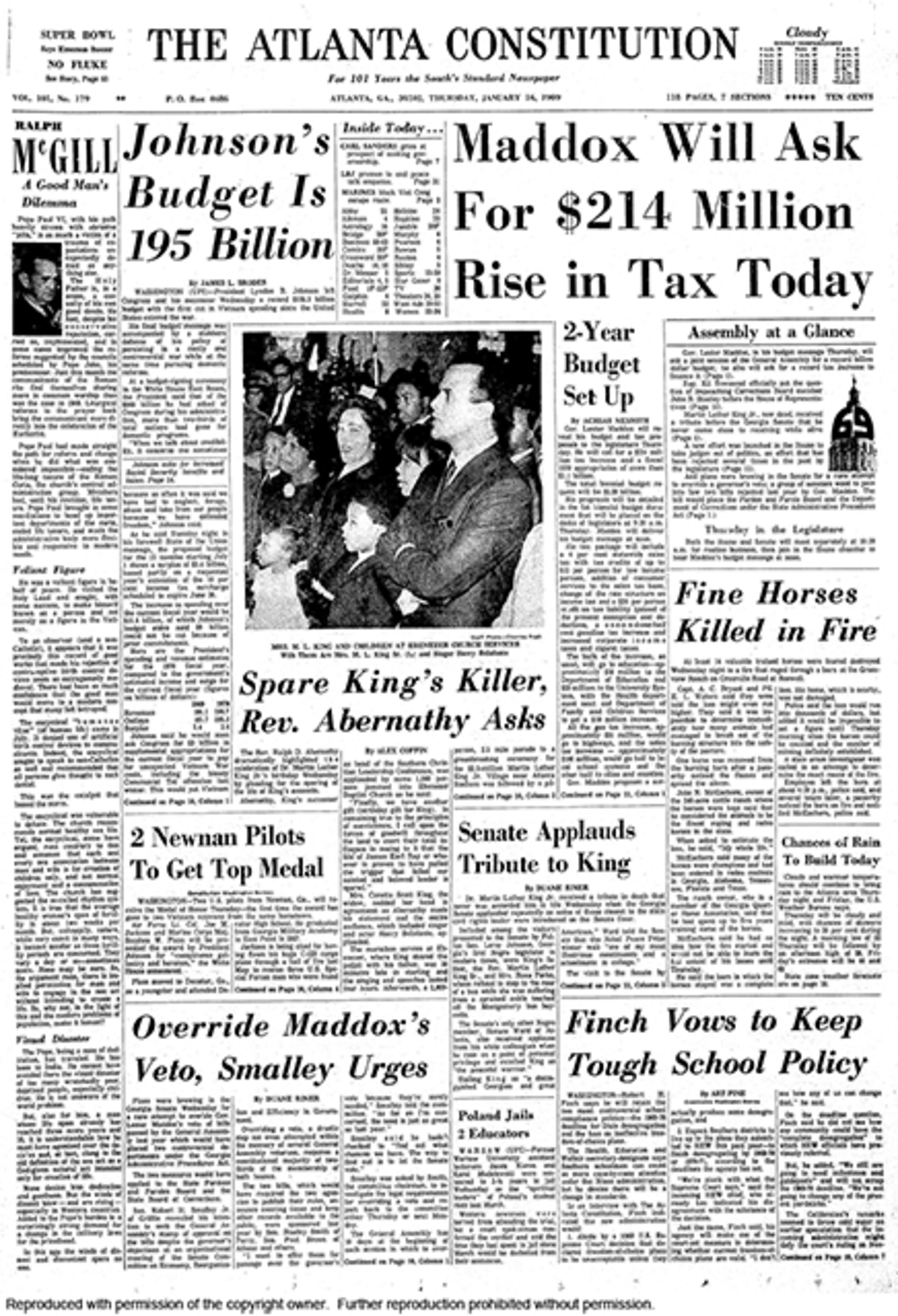 The Constitution's Jan. 16, 1969, front page detailed how the late Dr. Martin Luther King Jr. was honored in Atlanta on what would have been his 40th birthday (Jan. 15). AJC PRINT ARCHIVES