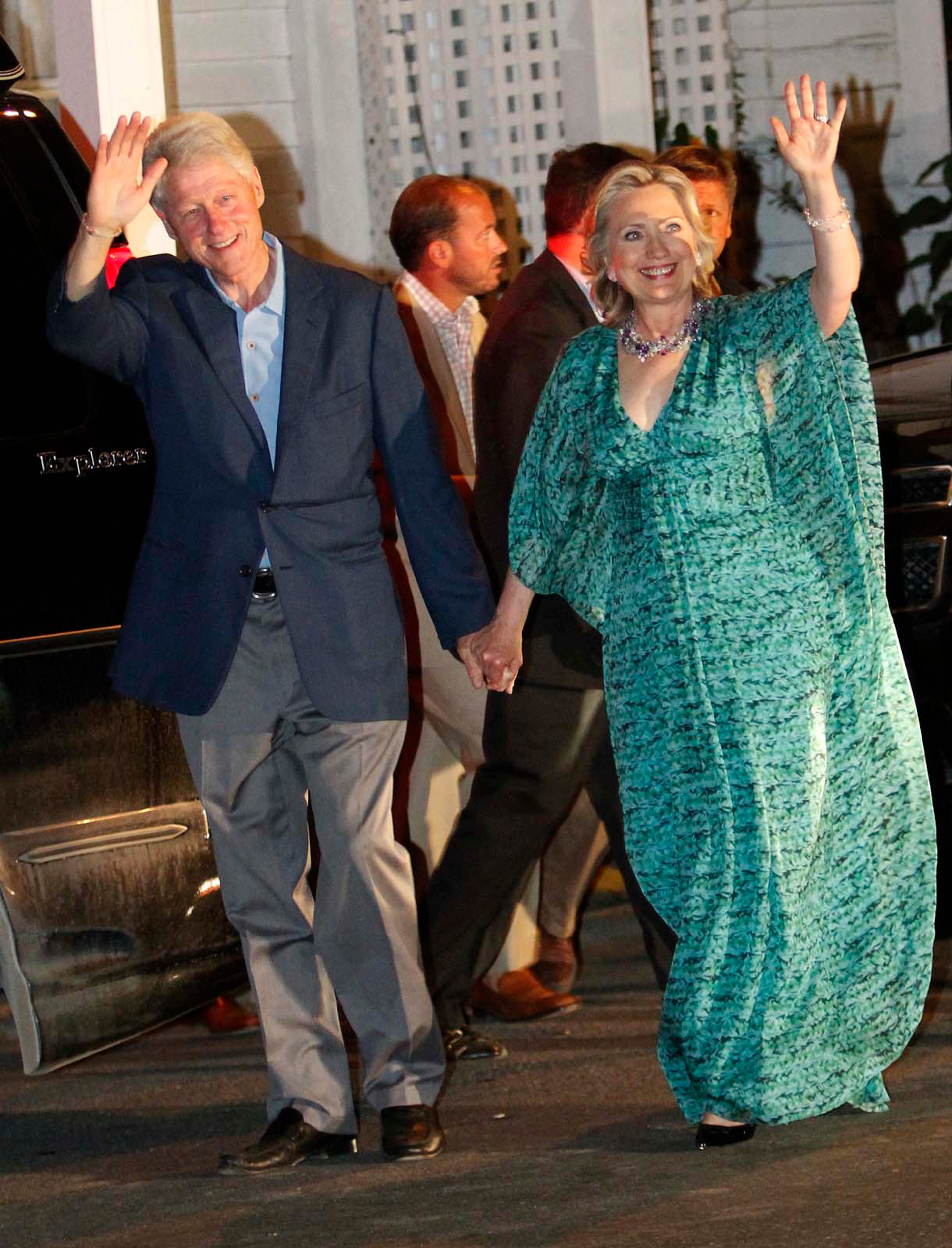 Bill and Hillary Clinton leave a party in honor of Chelsea Clinton and Marc Mezvinsky Friday, July 30, 2010 in Rhinebeck, N.Y. (Mary Altaffer/Associated Press)