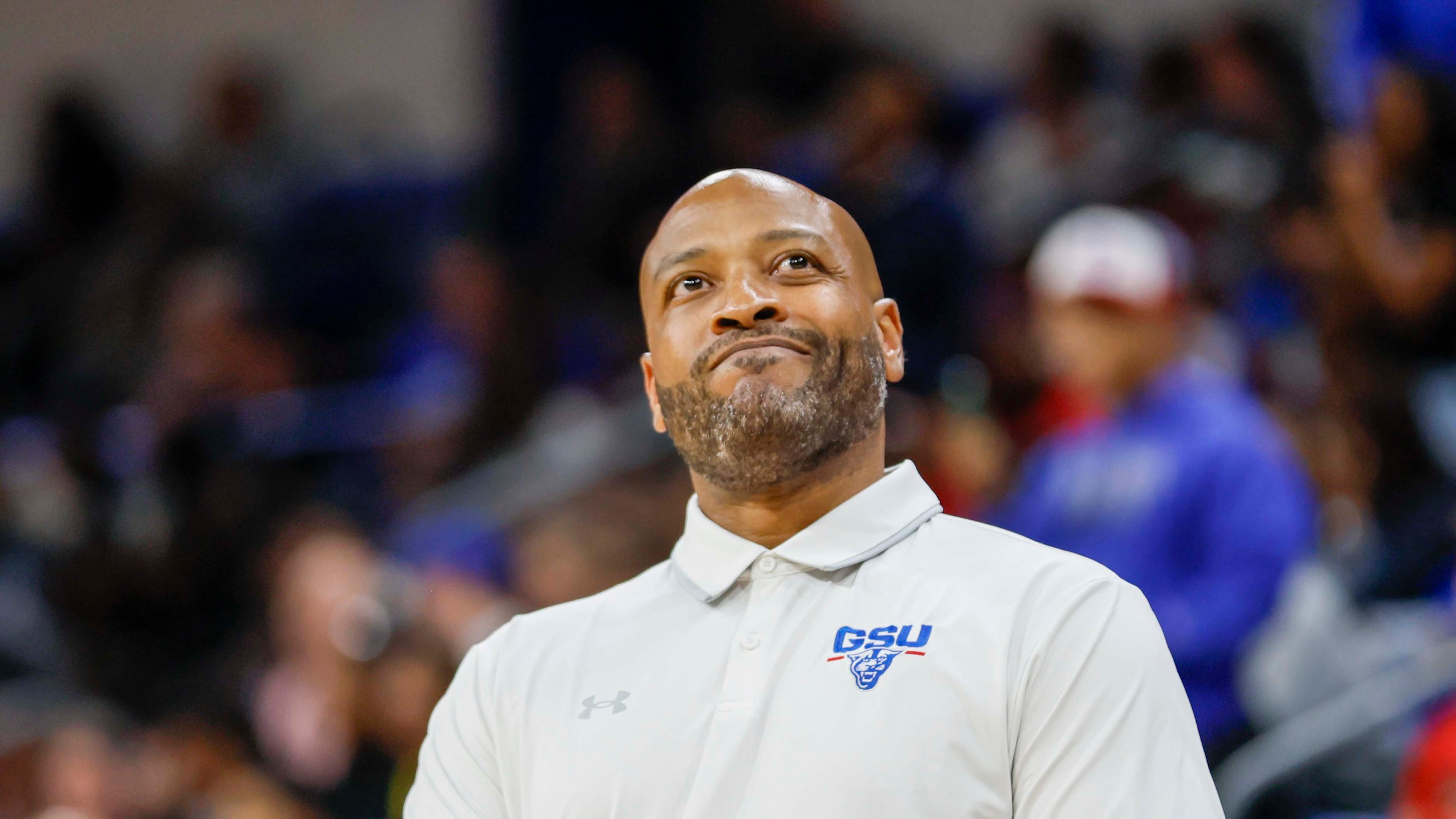Georgia State Panthers head coach Jonas Hayes reacts after his team missed a three-pointer during the second half of an exhibition opener game against the Georgia Bulldogs at the Georgia State Convocation Center, Wednesday, October 15, 2025, in Atlanta.
(Miguel Martinez/ AJC)