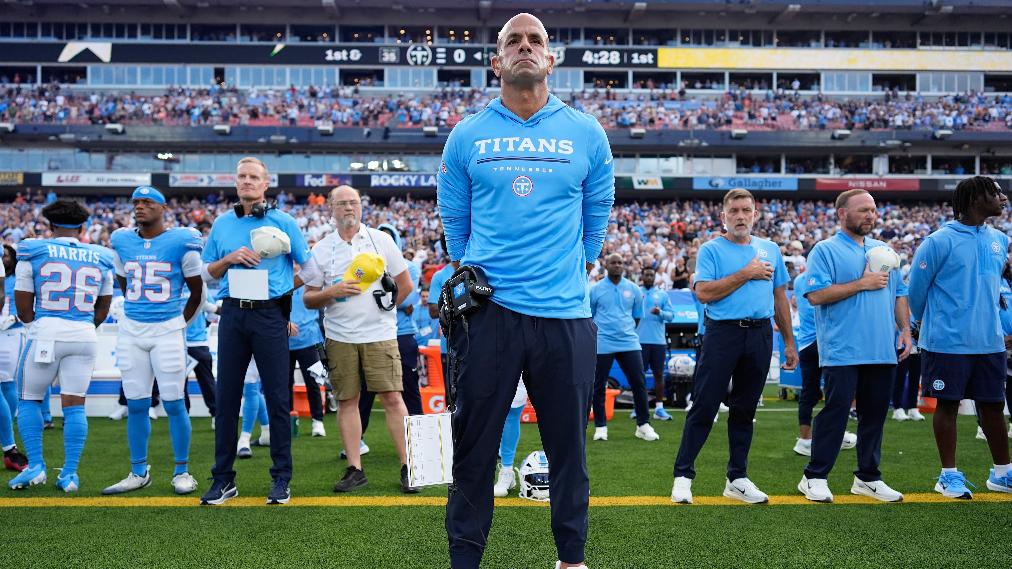 Tennessee Titans head coach Robert Saleh looks on prior to a preseason NFL football game against the Chicago Bears, Saturday, Aug. 29, 2026, in Nashville, Tenn. (AP Photo/George Walker IV)