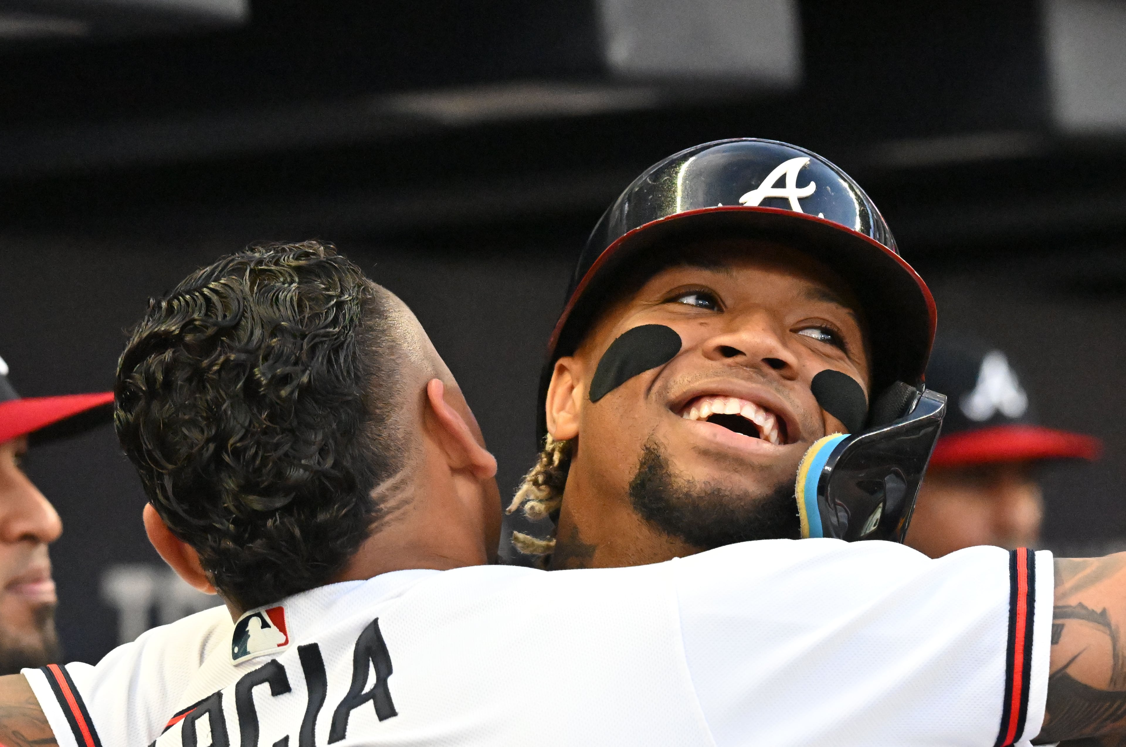 Atlanta Braves right fielder Ronald Acuna Jr. (13) celebrates after hitting a solo home run during the first inning at Truist Park, Tuesday, September 19, 2023, in Atlanta. (Hyosub Shin / Hyosub.Shin@ajc.com)