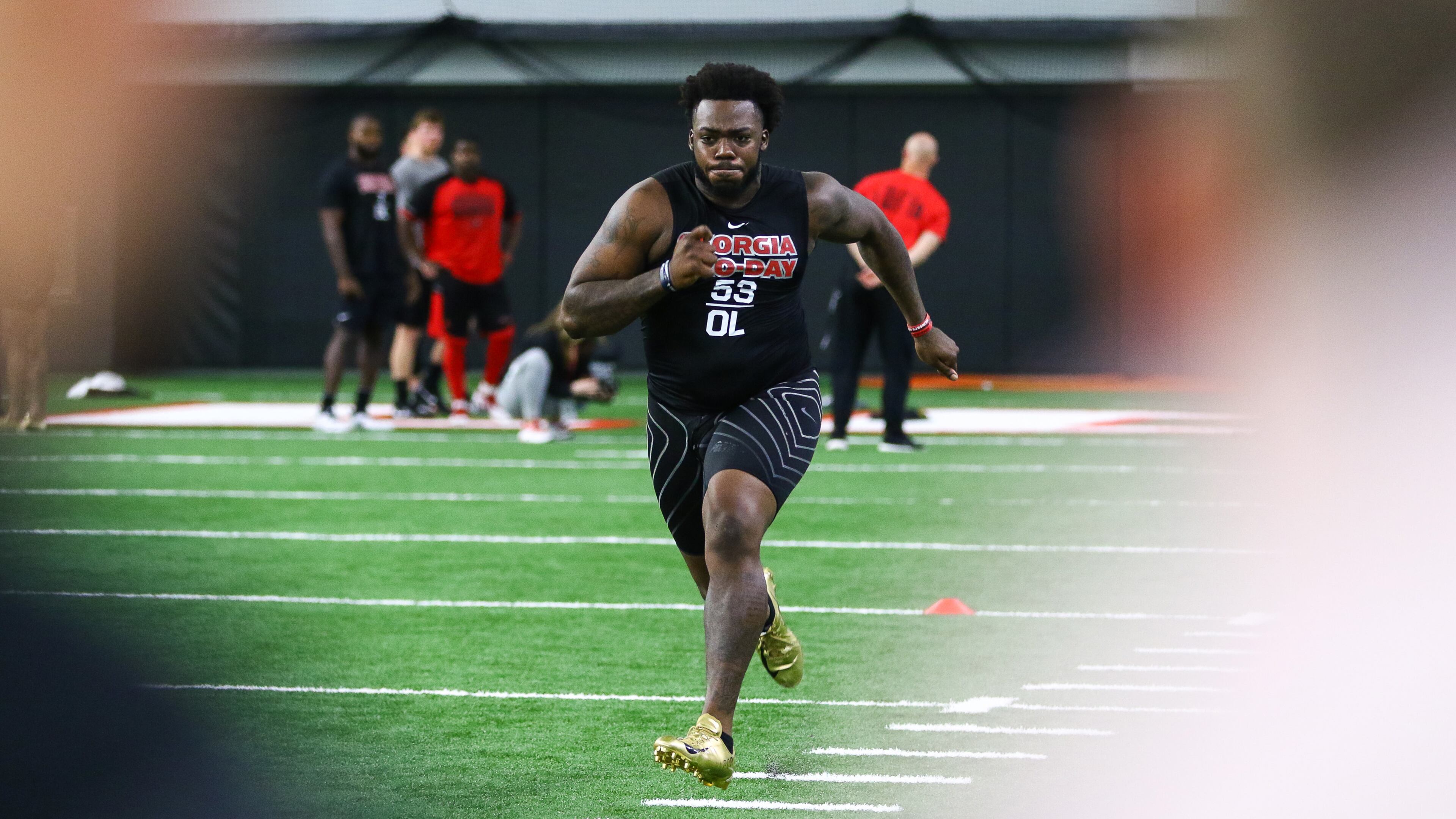 Georgia offensive lineman Lamont Gaillard (53) during Georgia's Pro Day Wednesday, March 20, 2019, in Athens.