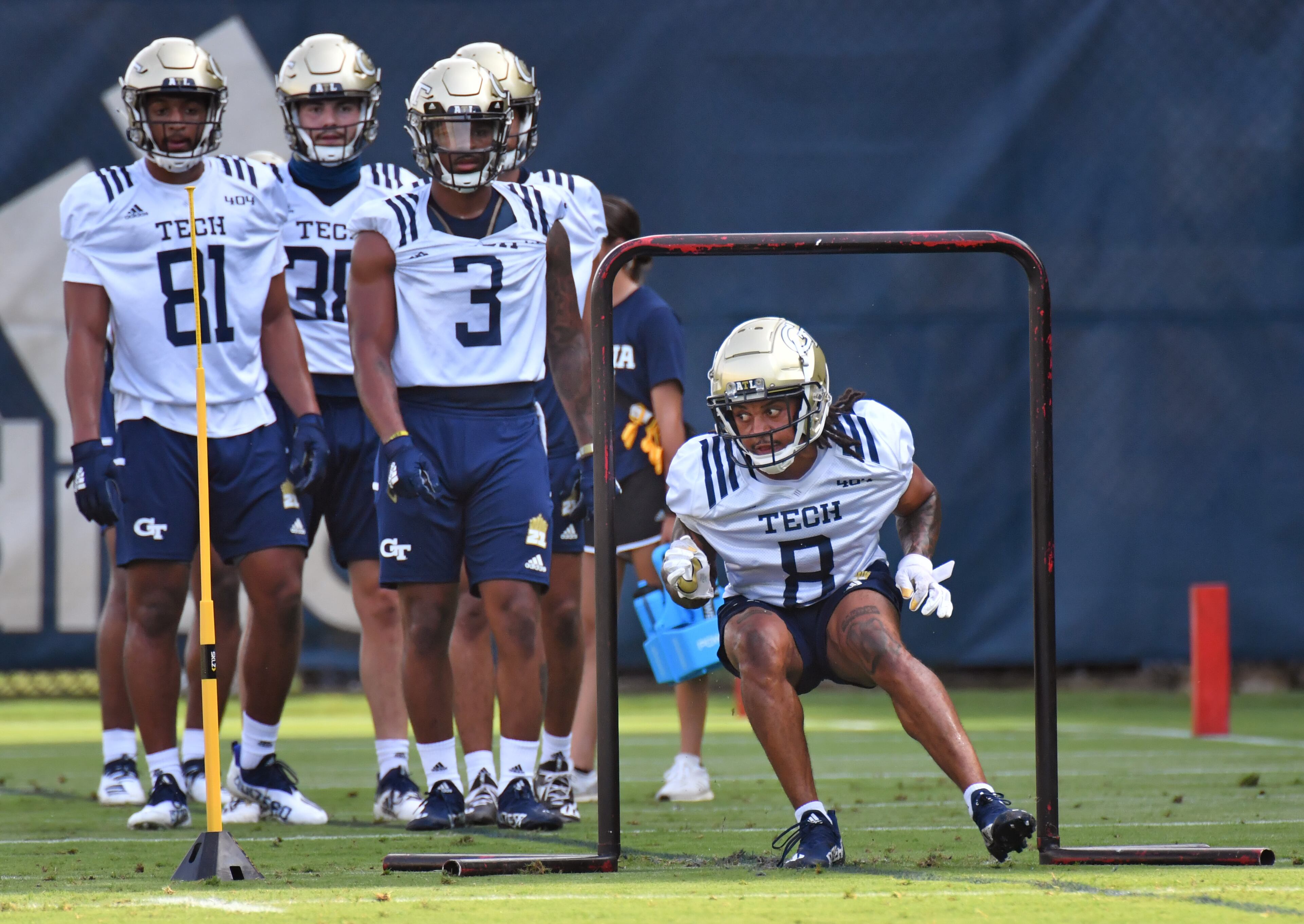 Georgia Tech's wide receiver Nate McCollum (8) runs a drill during a football practice at Rose Bowl Field on Georgia Tech Campus in Atlanta on Friday, August 6, 2021. (Hyosub Shin / Hyosub.Shin@ajc.com)