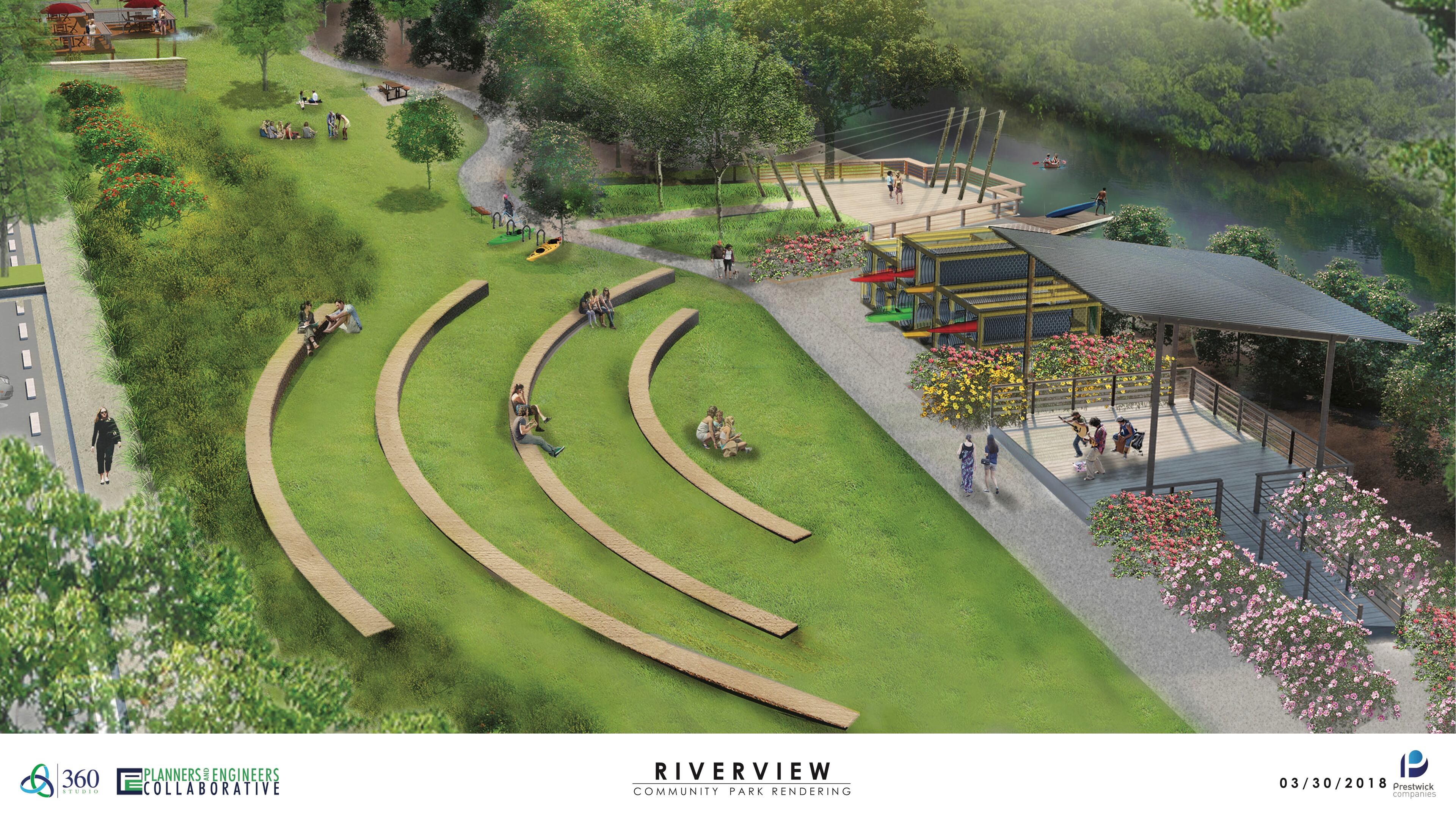 A rendering of the outdoor community theater seating area at The Eddy at River Landing, which is set to open in South Cobb in the summer.
