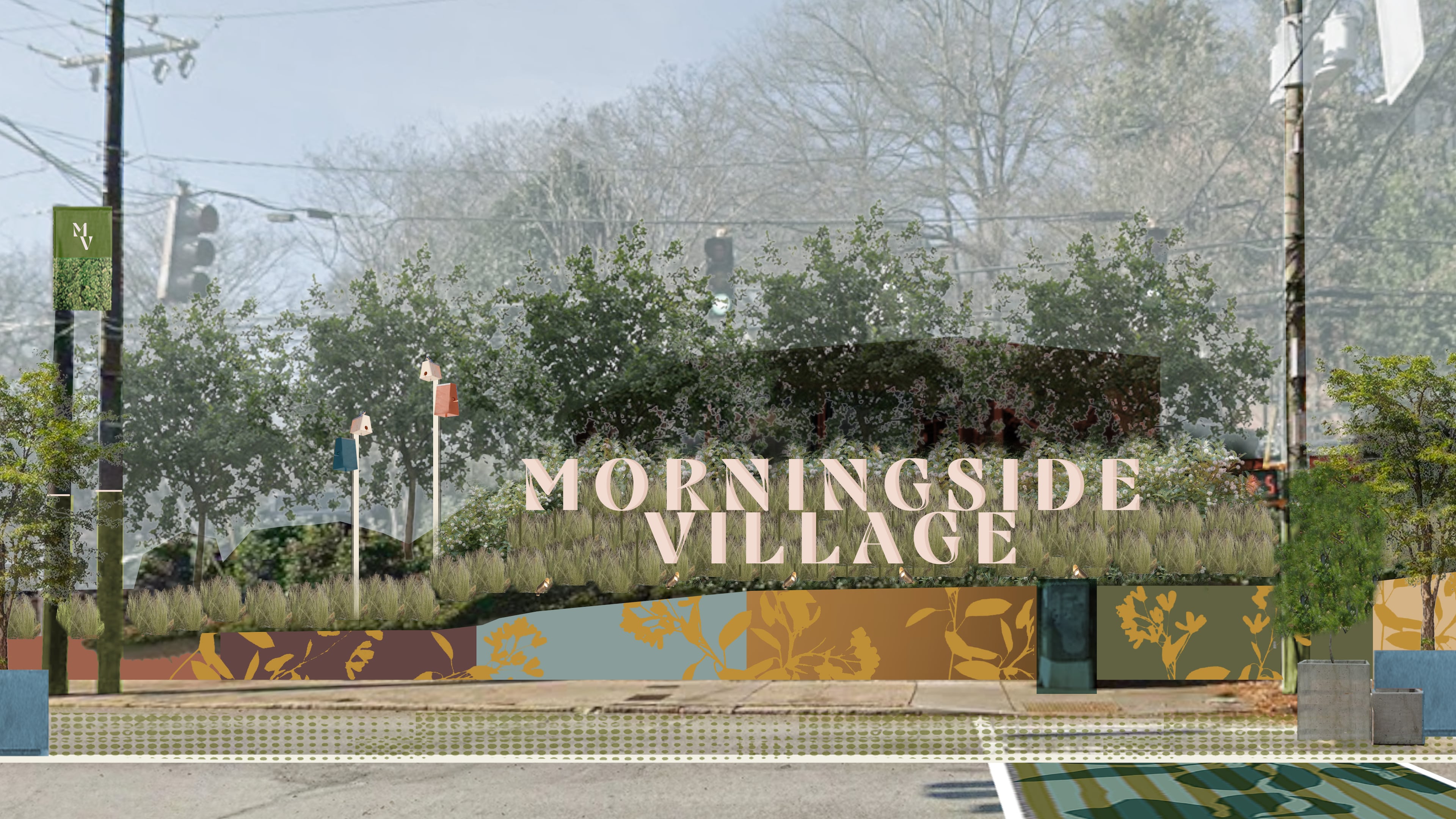 The owner of Morningside Village plans to spruce up the property, including new landscaping and murals as seen in this rendering. (Courtesy of Gentle Works)