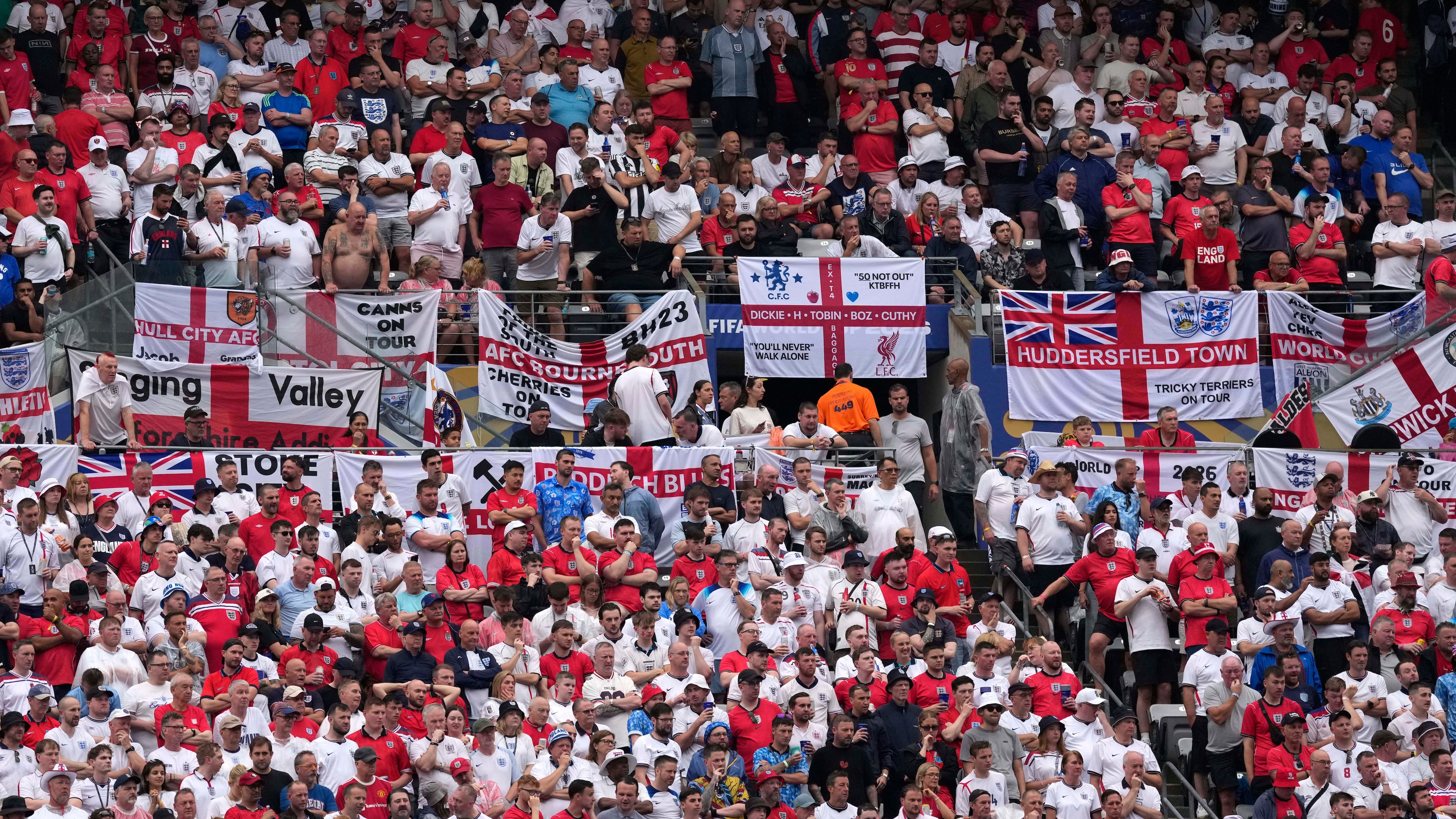 Fans look on during the World Cup Group L soccer match between Panama and England in East Rutherford, N.J., near New York, Saturday, June 27, 2026. (AP Photo/Seth Wenig)