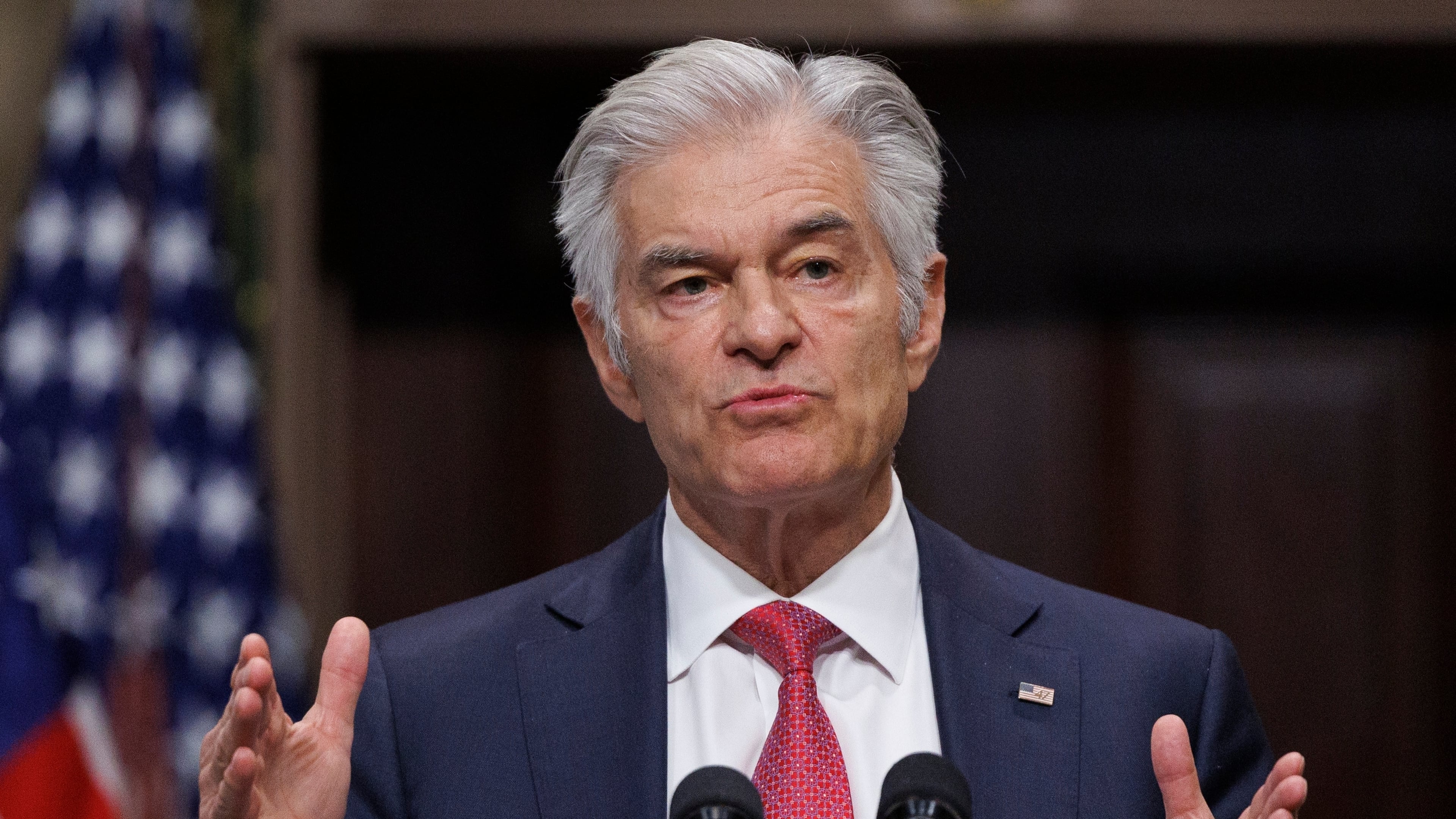 FILE - Administrator for the Centers for Medicare & Medicaid Services Dr. Mehmet Oz speaks during a news conference on efforts to combat fraud, in the Old Eisenhower Executive Office Building on the White House campus Feb. 25, 2026, in Washington. (AP Photo/Tom Brenner, File)