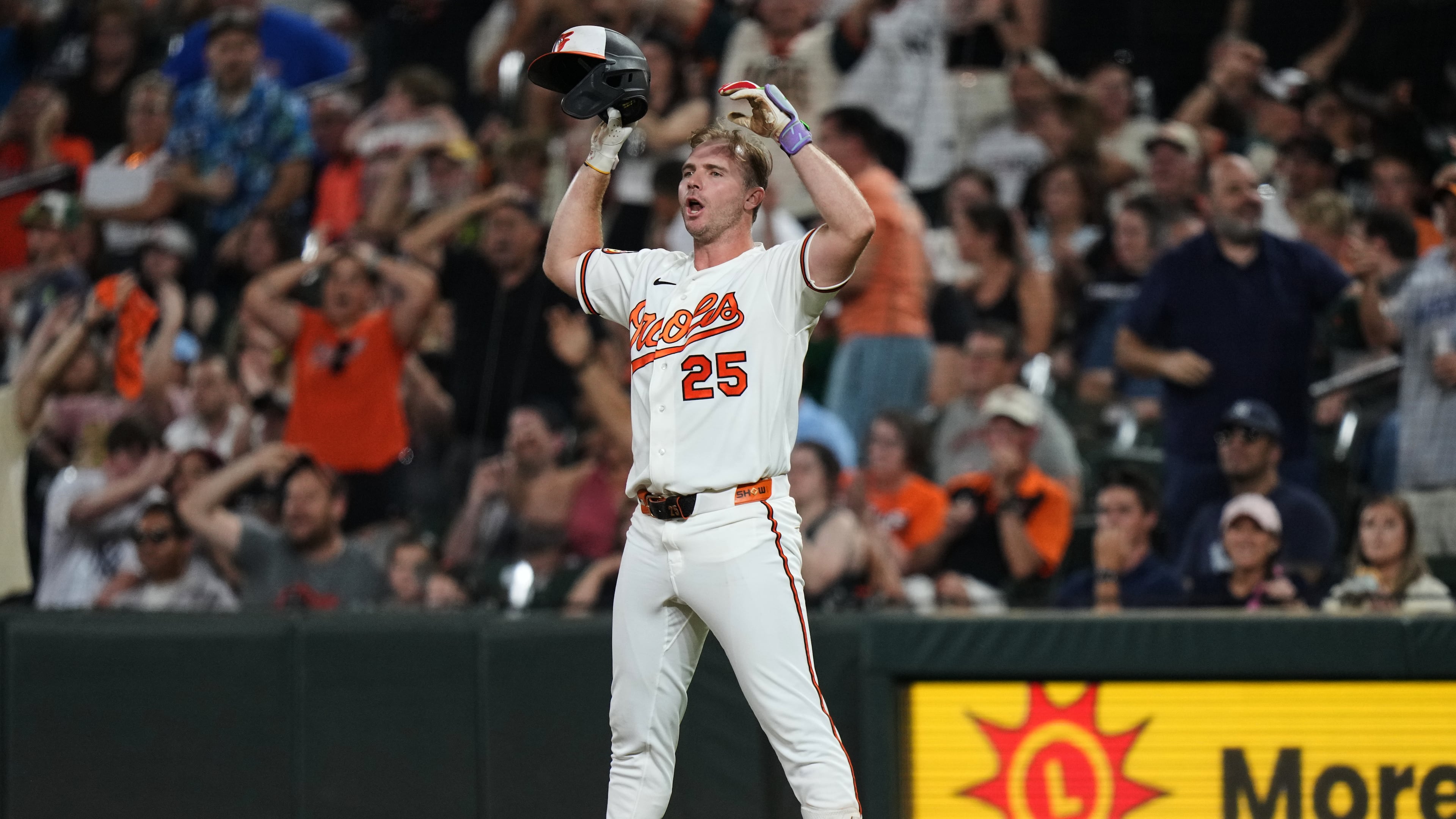 Baltimore Orioles' Pete Alonso (25) reacts after hitting a foul ball during the seventh inning of a baseball game against the New York Yankees, Wednesday, Aug. 19, 2026, in Baltimore. (AP Photo/Stephanie Scarbrough)