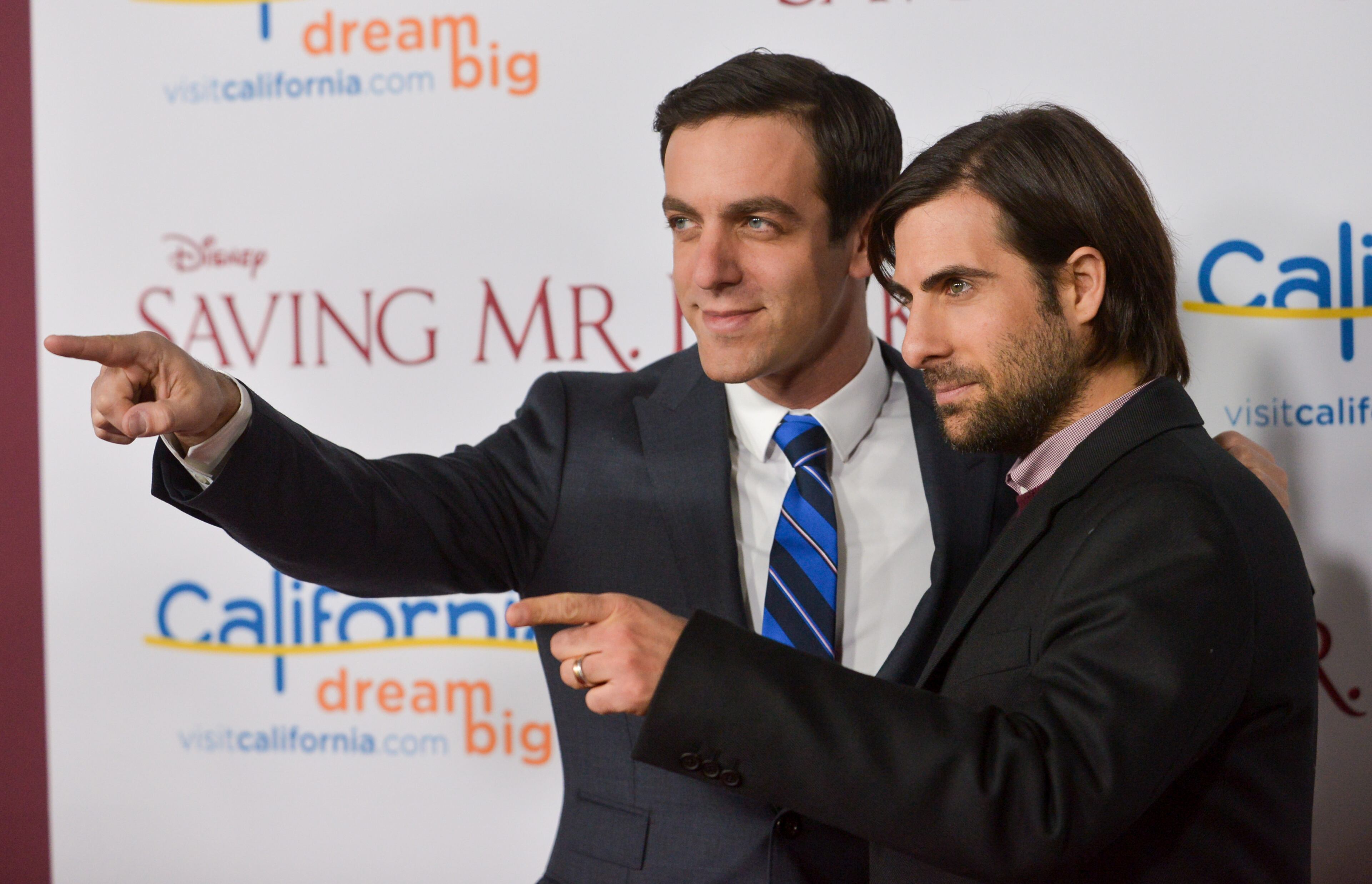B.J. Novak, left, and Jason Schwartzman arrive at the U.S. Premiere of "Saving Mr. Banks," at Disney Studios, on Monday, Dec. 9, 2013, in Burbank, Calif. (Photo by Richard Shotwell/Invision/AP)
