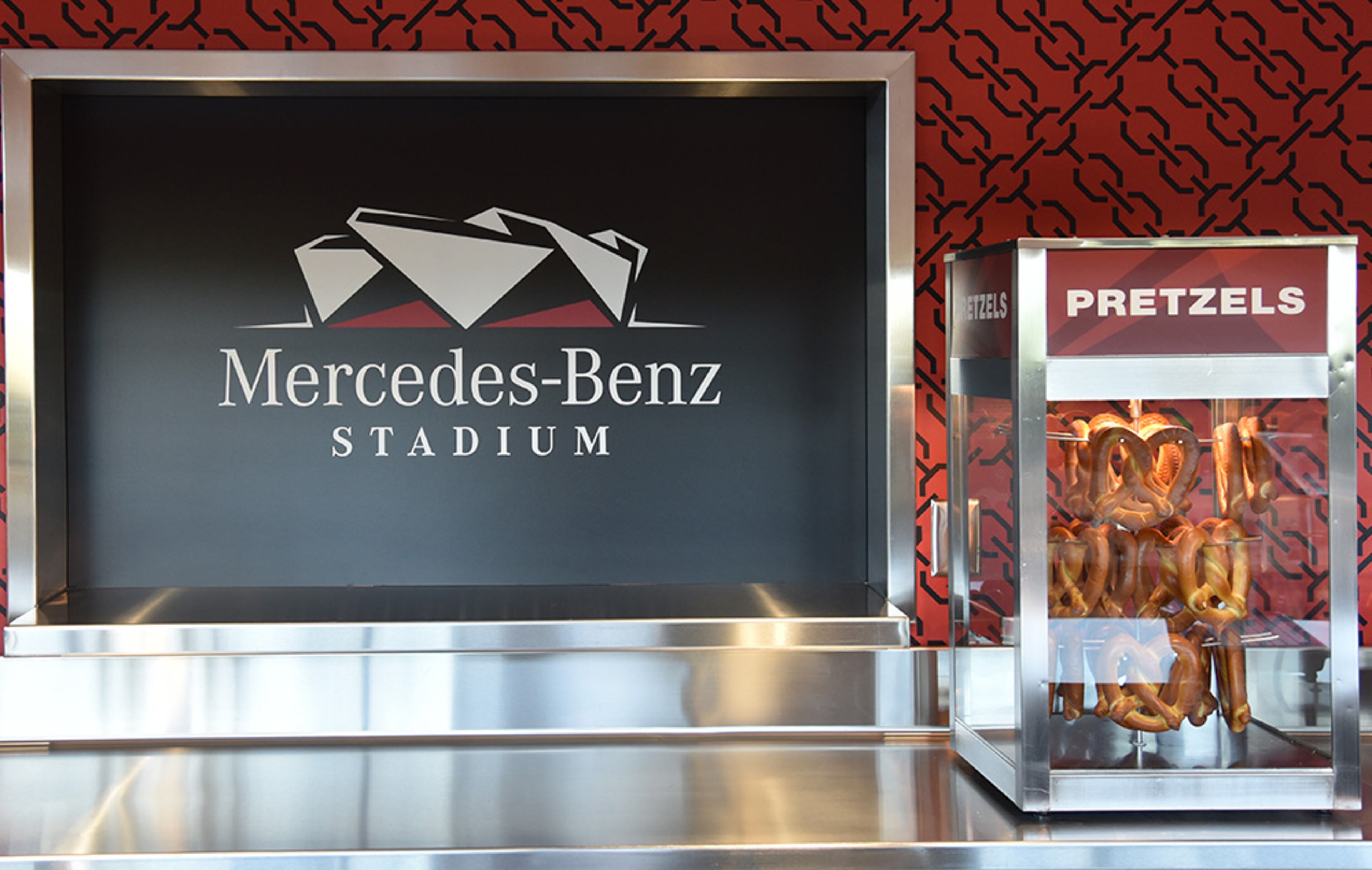 Pretzels, which will sell for $2, are displayed during a news conference at a concession stand inside the Atlanta Falcons new stadium. Also part of the Falcons' food pricing plan are pizza slices, nachos, waffle fries and bags of peanuts available for $3. Twelve-ounce domestic beer will cost $5.